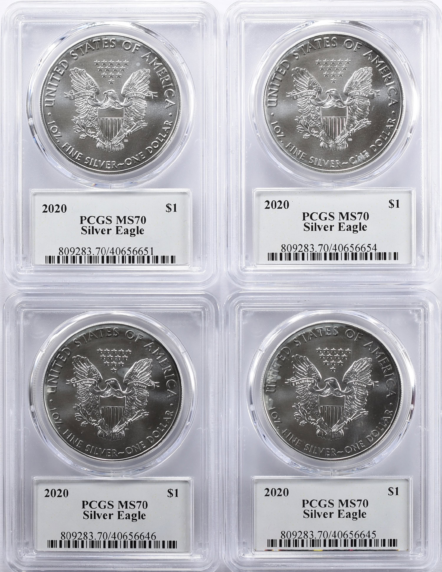 2020 $1 Silver Eagle PCGS MS-70 (Happy Holidays Labels) (4 Coins