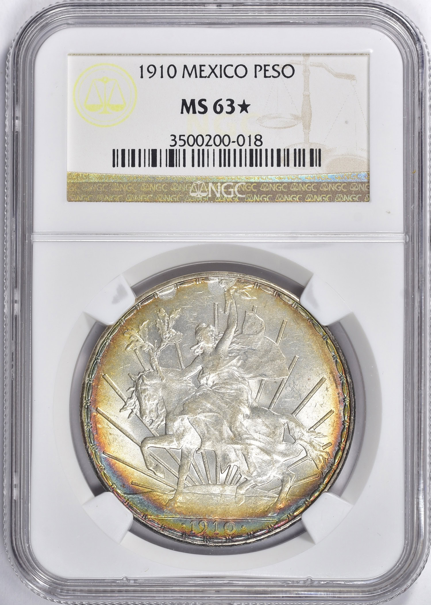 Mexico 1910 Silver Peso Caballito KM-453 NGC MS-63☆ (Toned) (Item