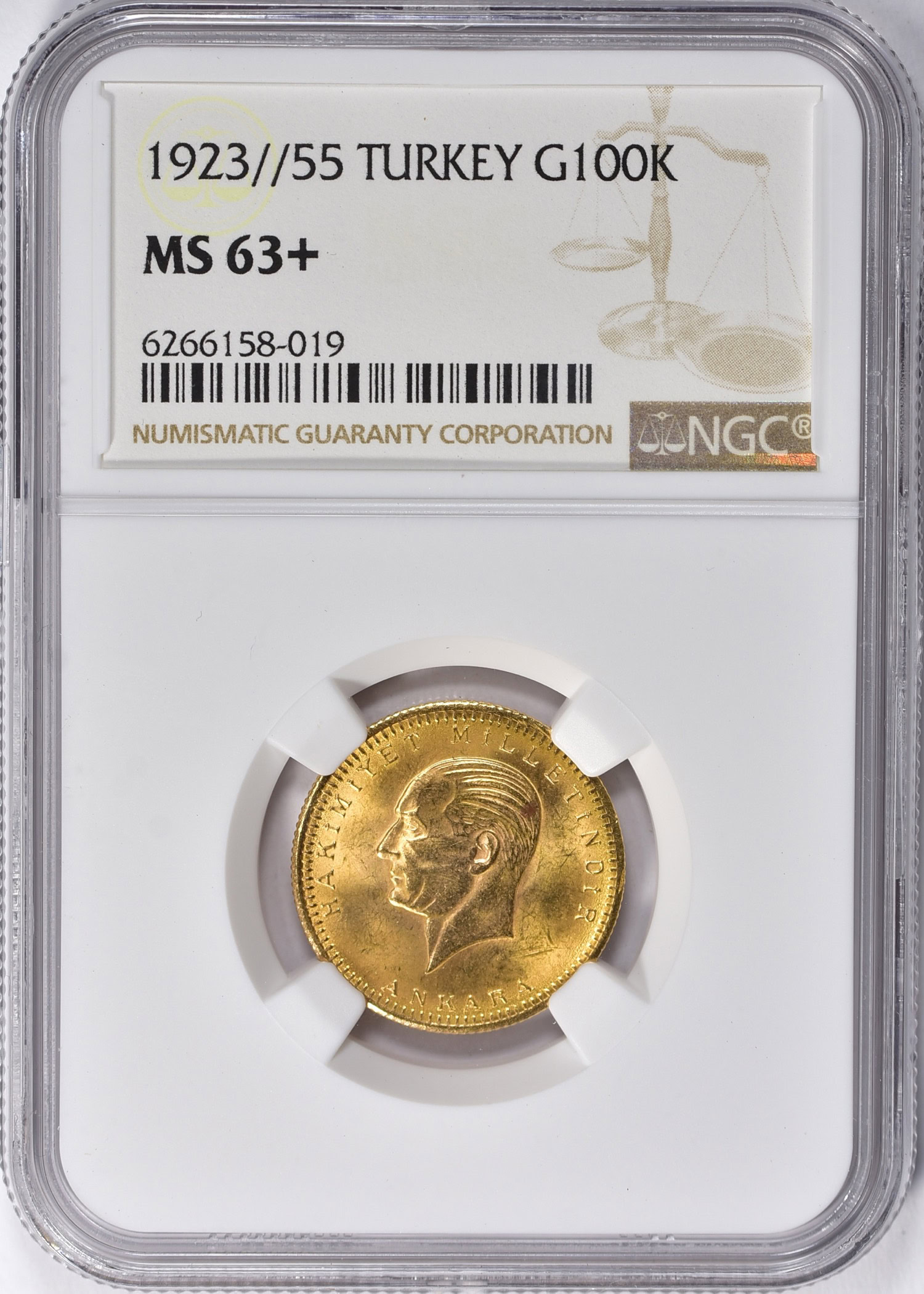Turkey 1923 Year 55 Gold 100 Kurush KM-855 NGC MS-63+ (AGW