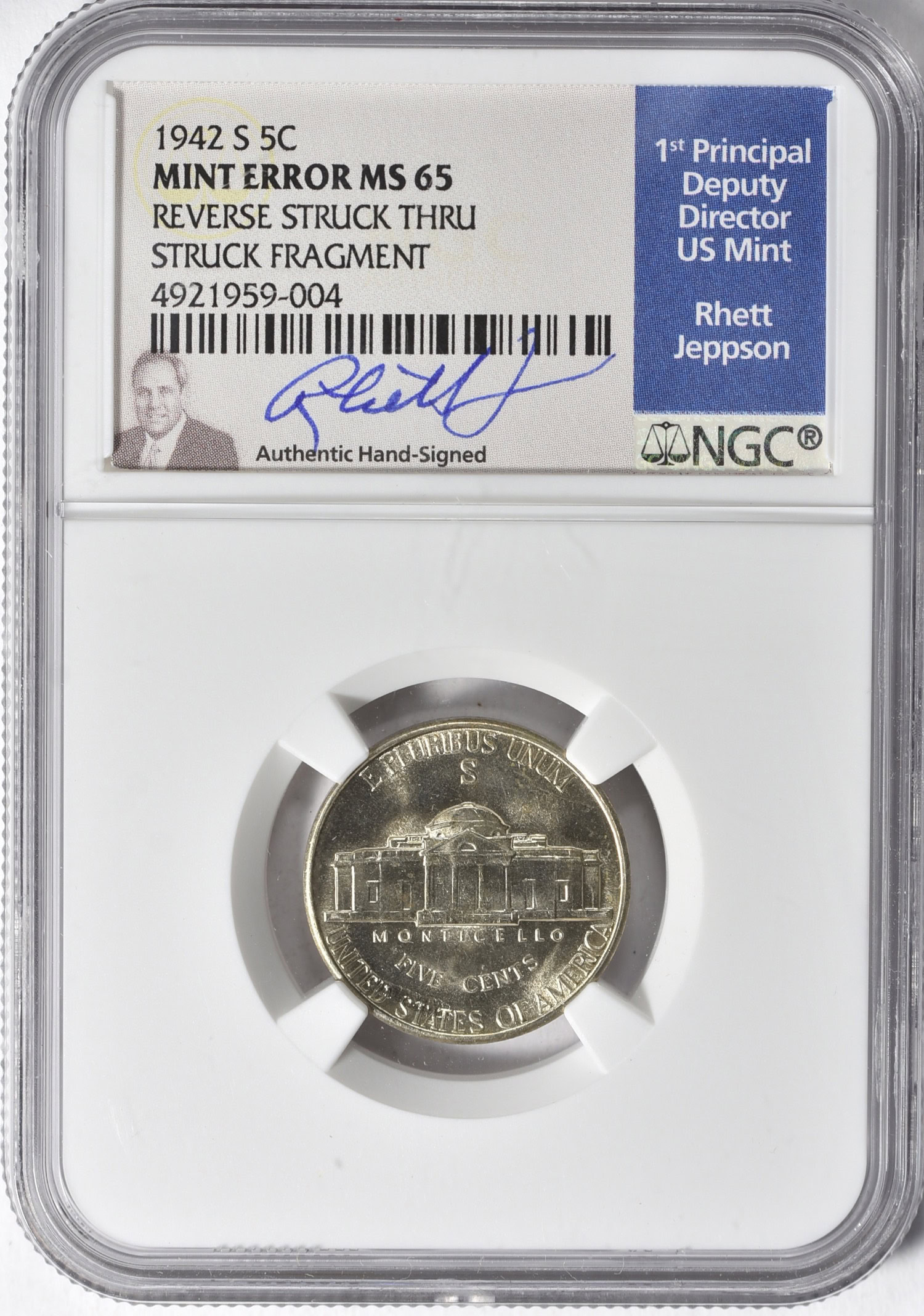 コレクション U.S. 1942 S Mint Error 1942-S Jefferson Nickel Reverse Struck Through Struck