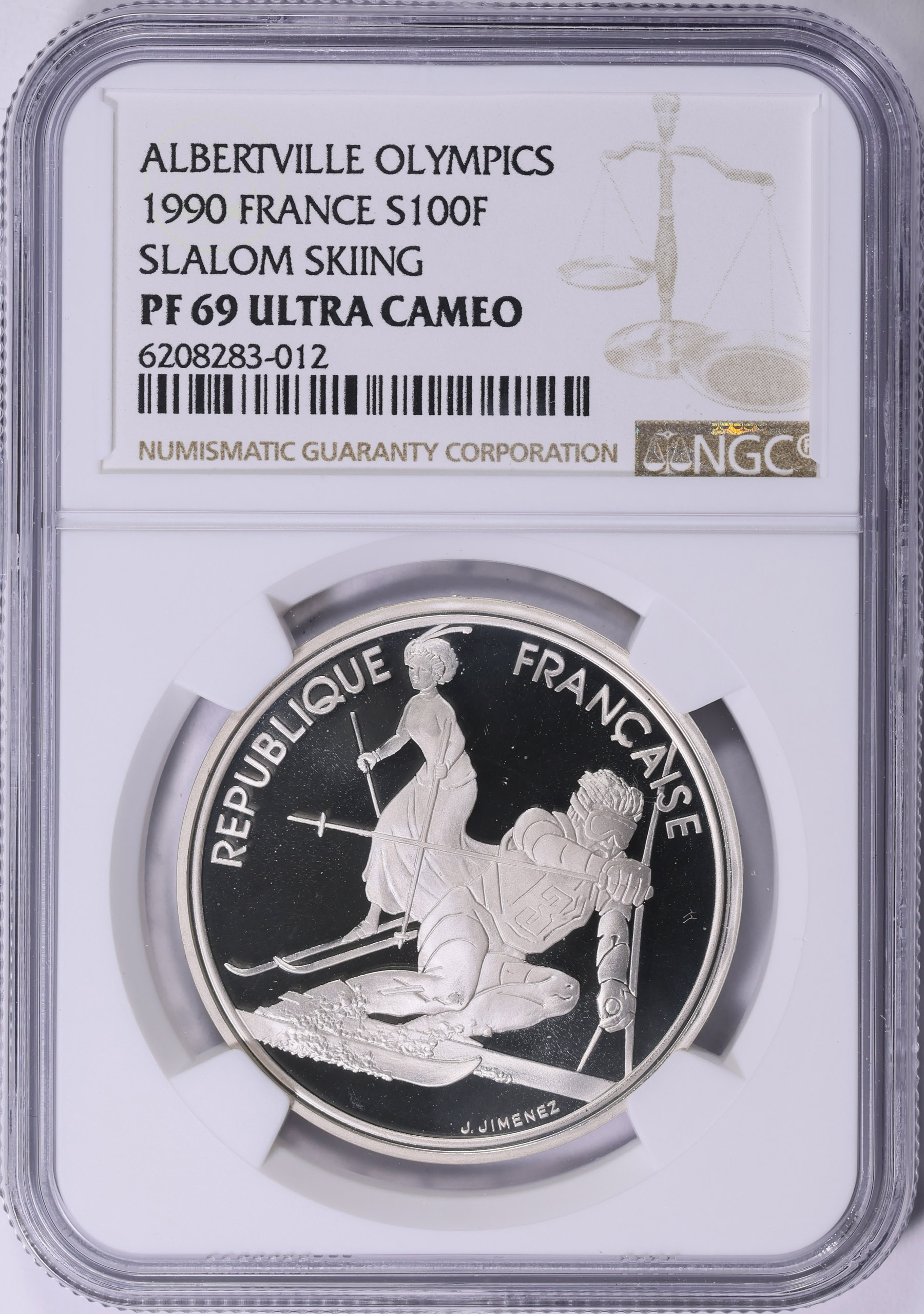 France 1990 Silver 100 Francs Albertville Olympics Slalom Skiing