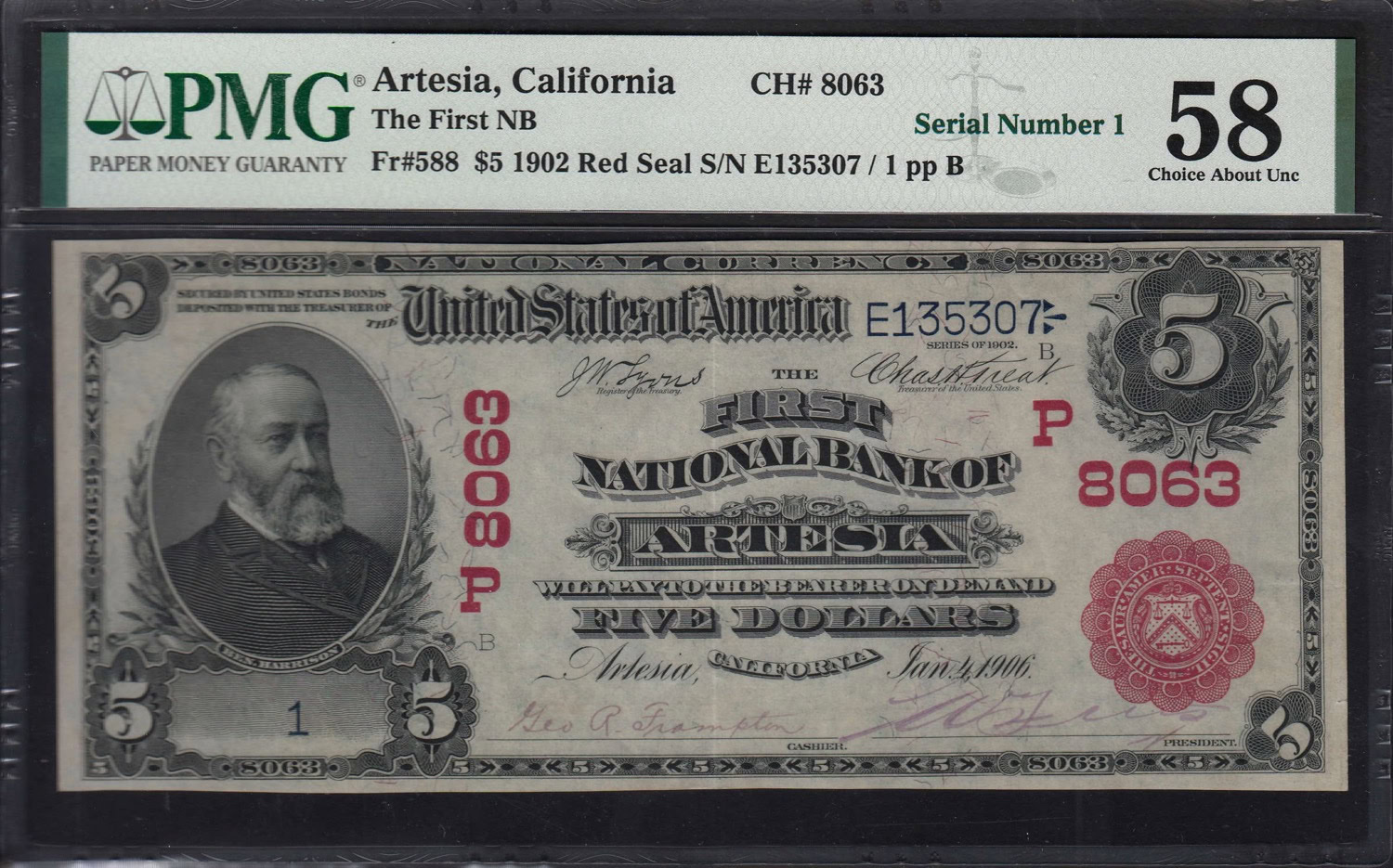 Fr. 588 Artesia, California 1902 The First National Bank $5 Red Seal ...