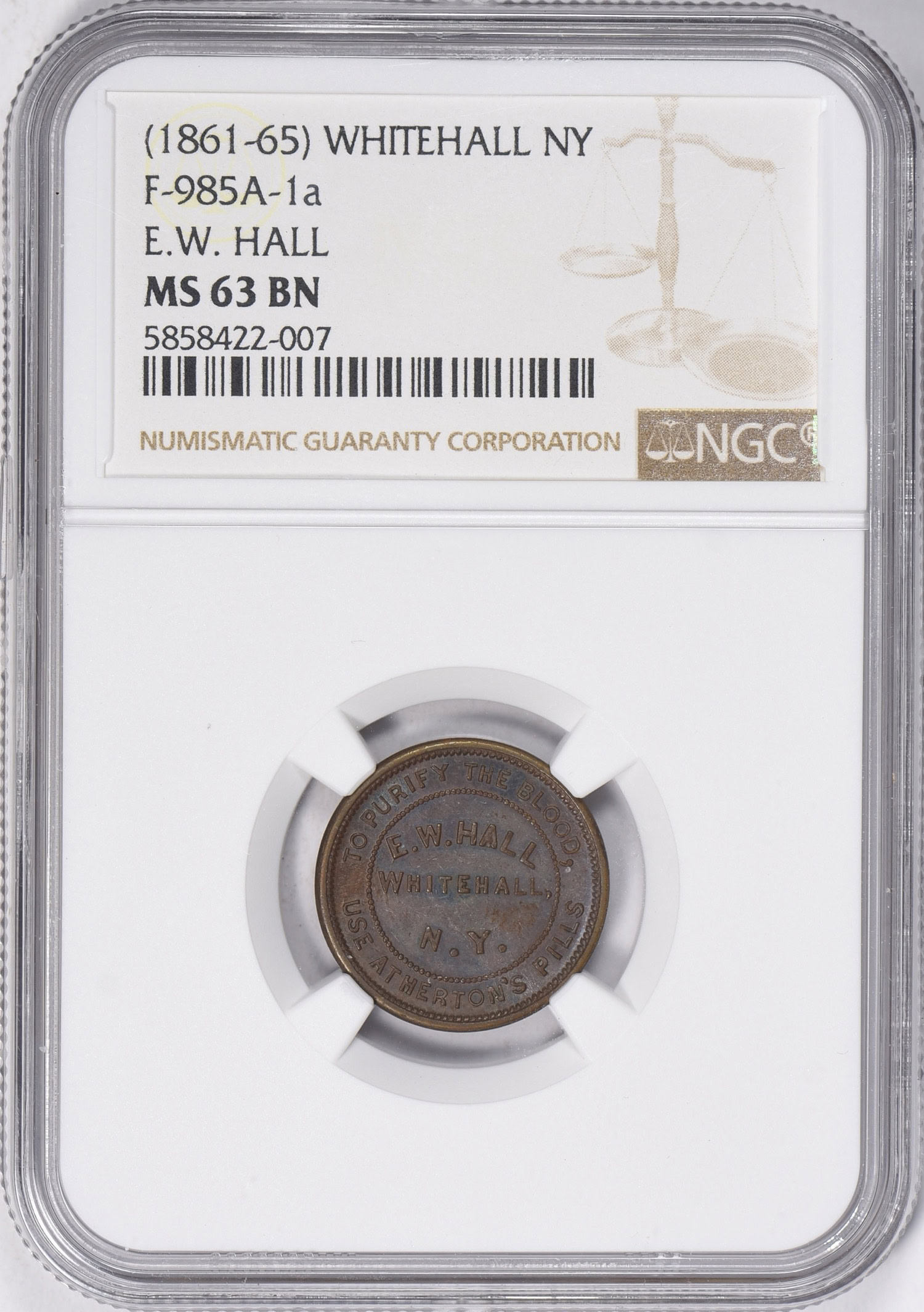 ND (1861-65) Whitehall, New York E.W. Hall Civil War Token F-985A