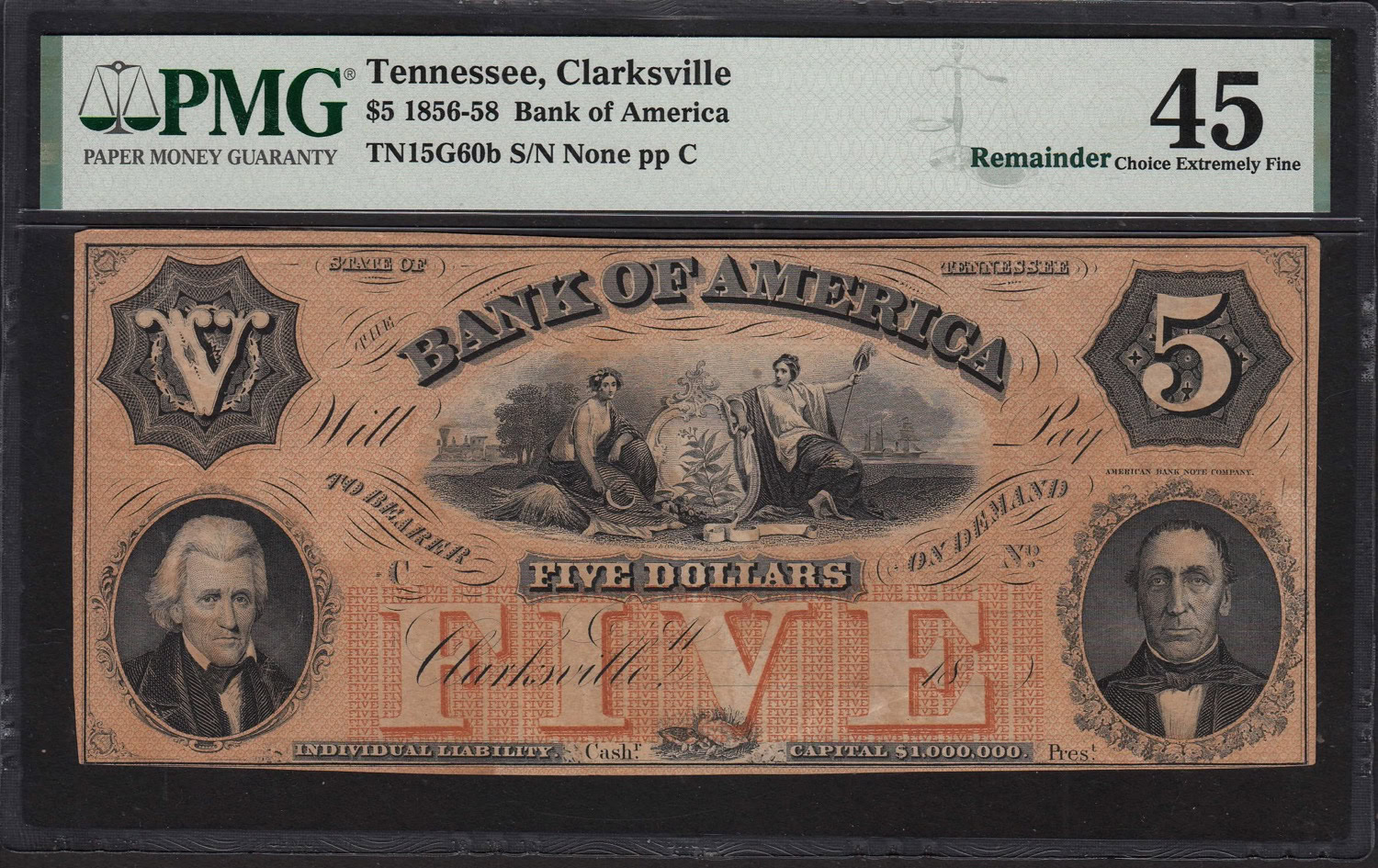 1856-58 Clarksville, Tennessee Bank of America $5 Remainder Note