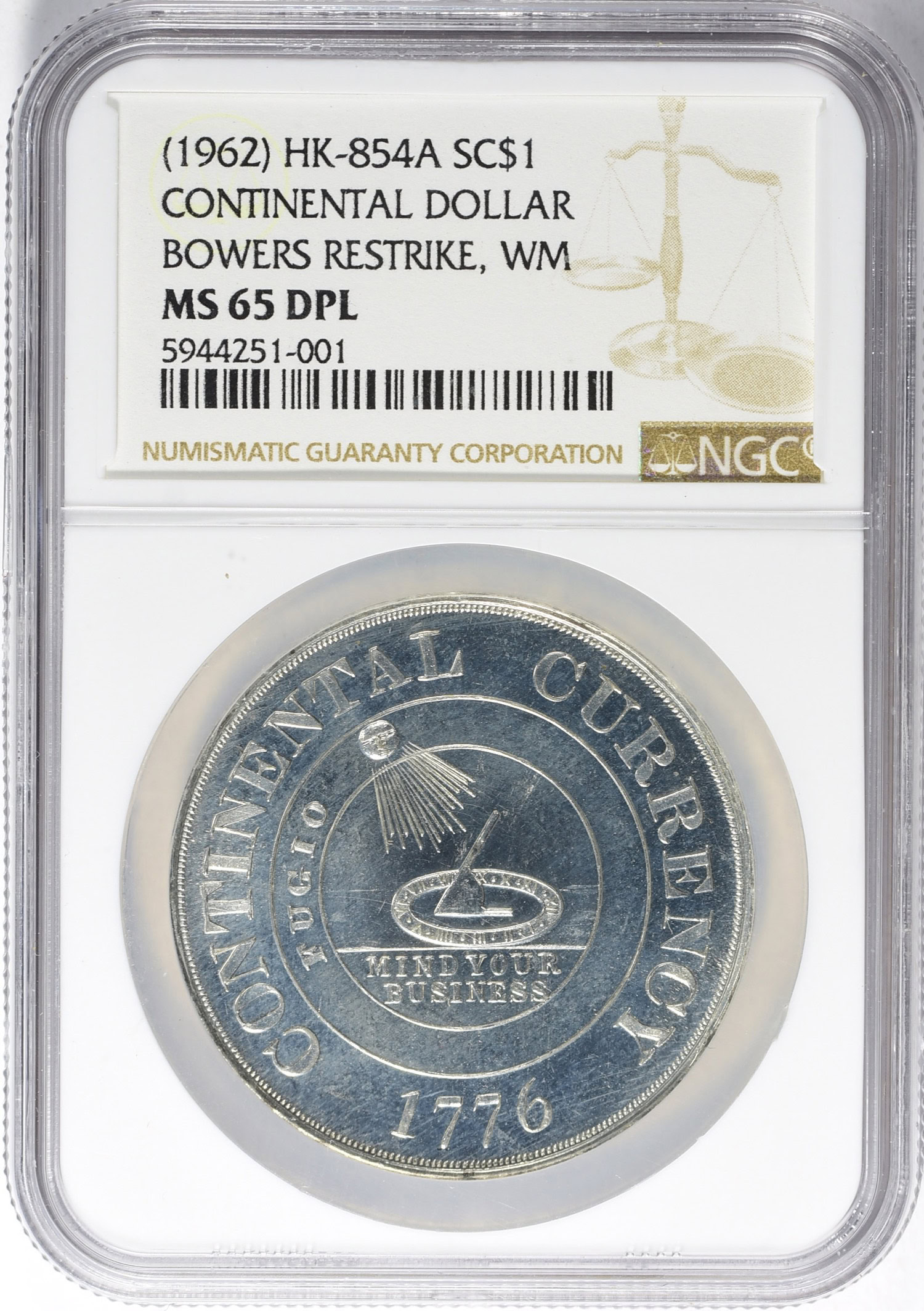 1776 (1962) White Metal Continental Dollar Bowers Restrike So