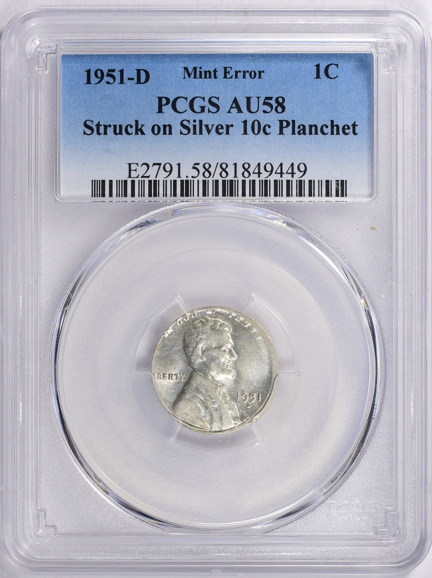 Mint Error 1951-D Lincoln Cent Struck on Silver 10c Planchet PCGS