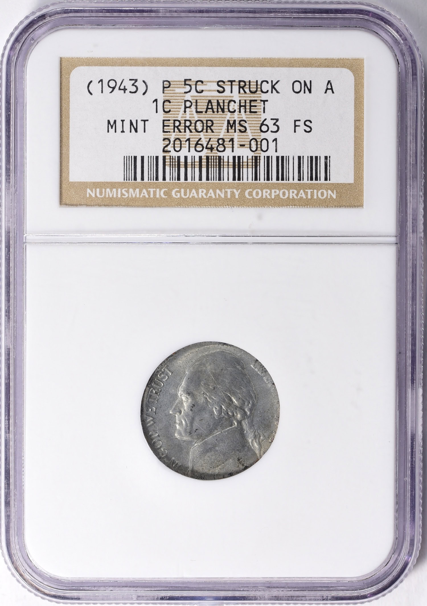 Mint Error (1943)-P Jefferson Nickel Struck on a 1c Planchet NGC