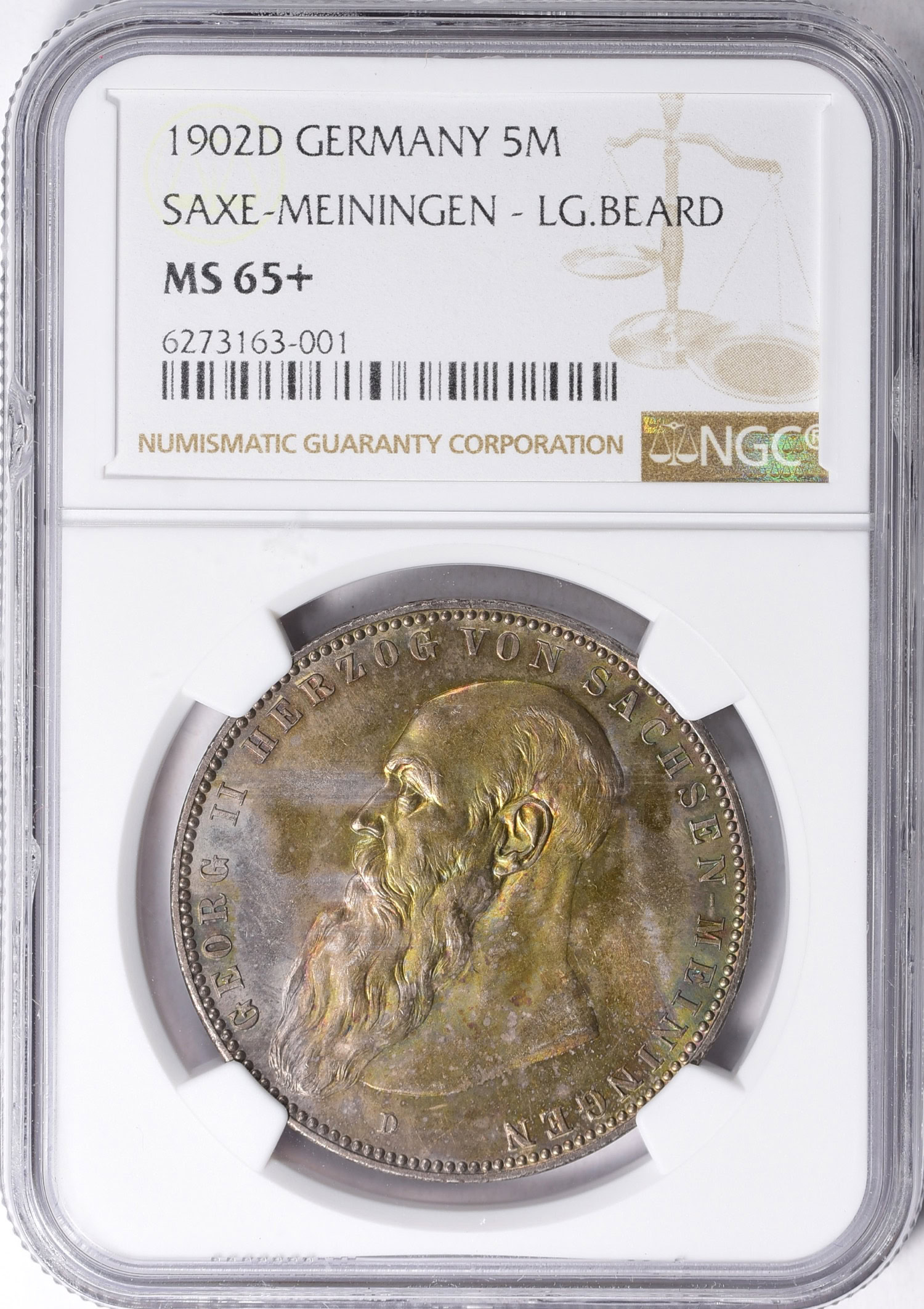Germany - Saxe-Meiningen 1902-D Silver 5 Marks Long Beard KM-200