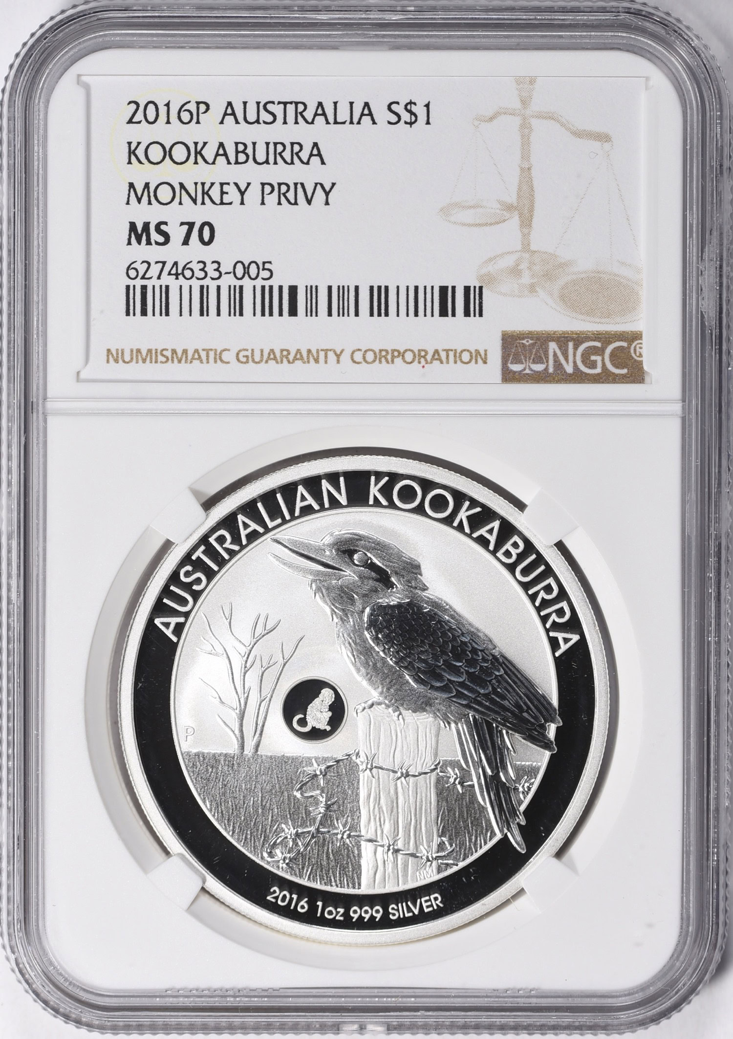 Australia 2016-P Silver Dollar Kookaburra Monkey Privy NGC MS-70