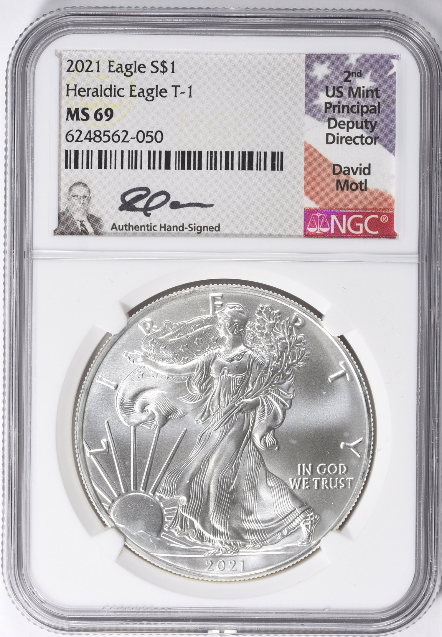 2021 $1 Silver Eagle T1 NGC MS-69 (David Motl Signed Label) (Item