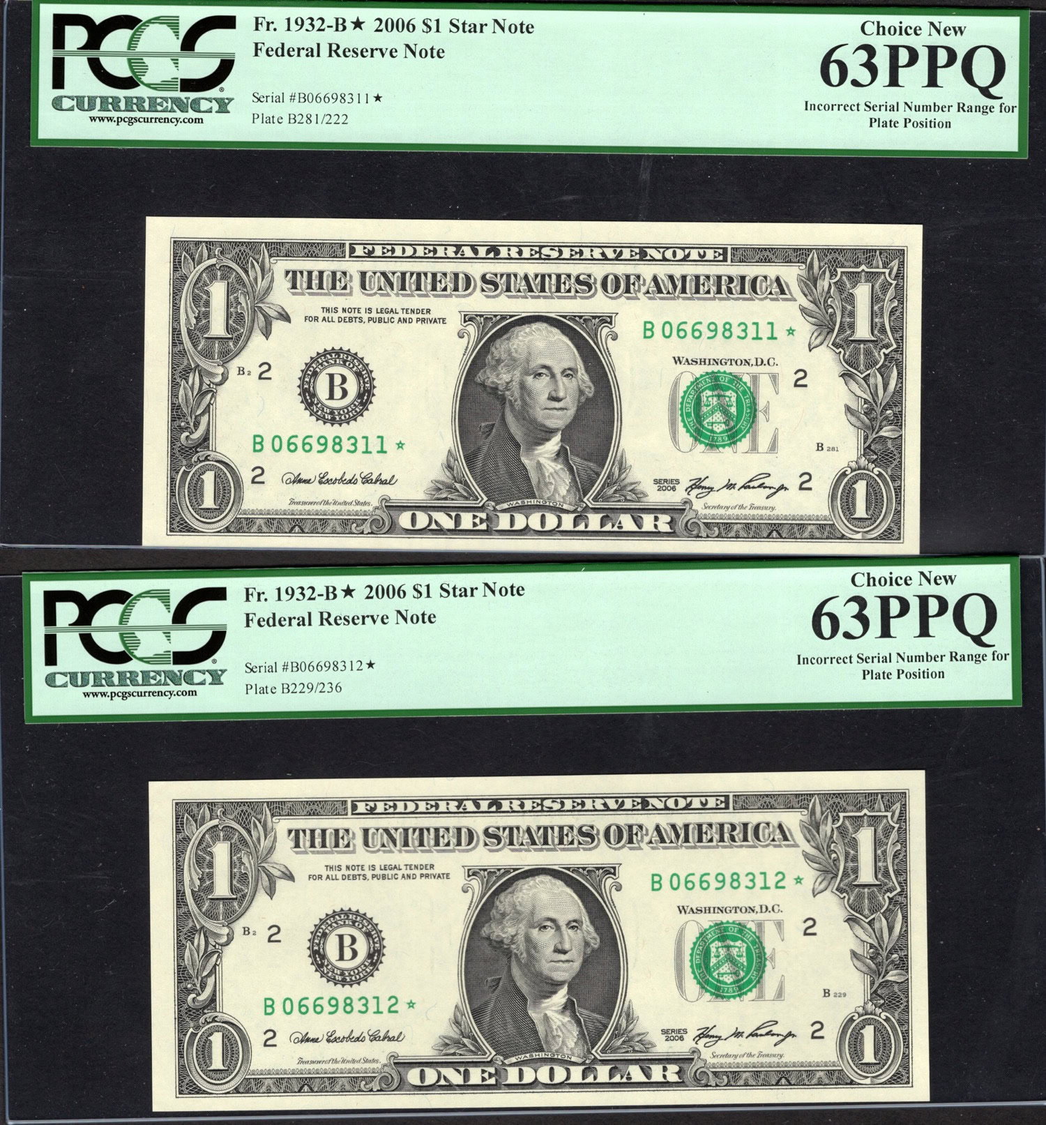 Fr. 1932B★ (B★ Block) 2006 1 New York Federal Reserve Star Note