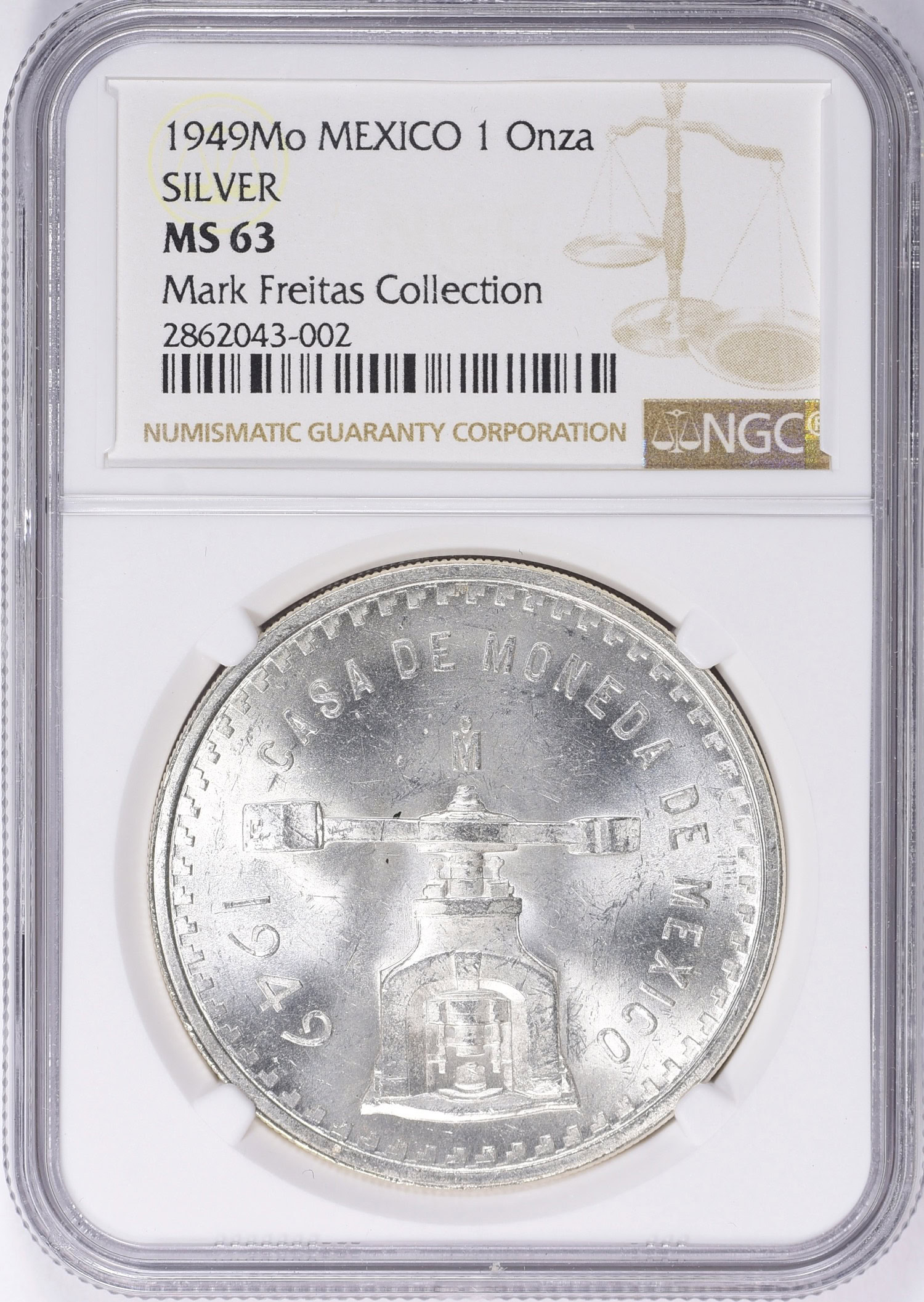 Mexico 1949-Mo Silver Onza KM-M49a NGC MS-63 (Ex: Mark Freitas