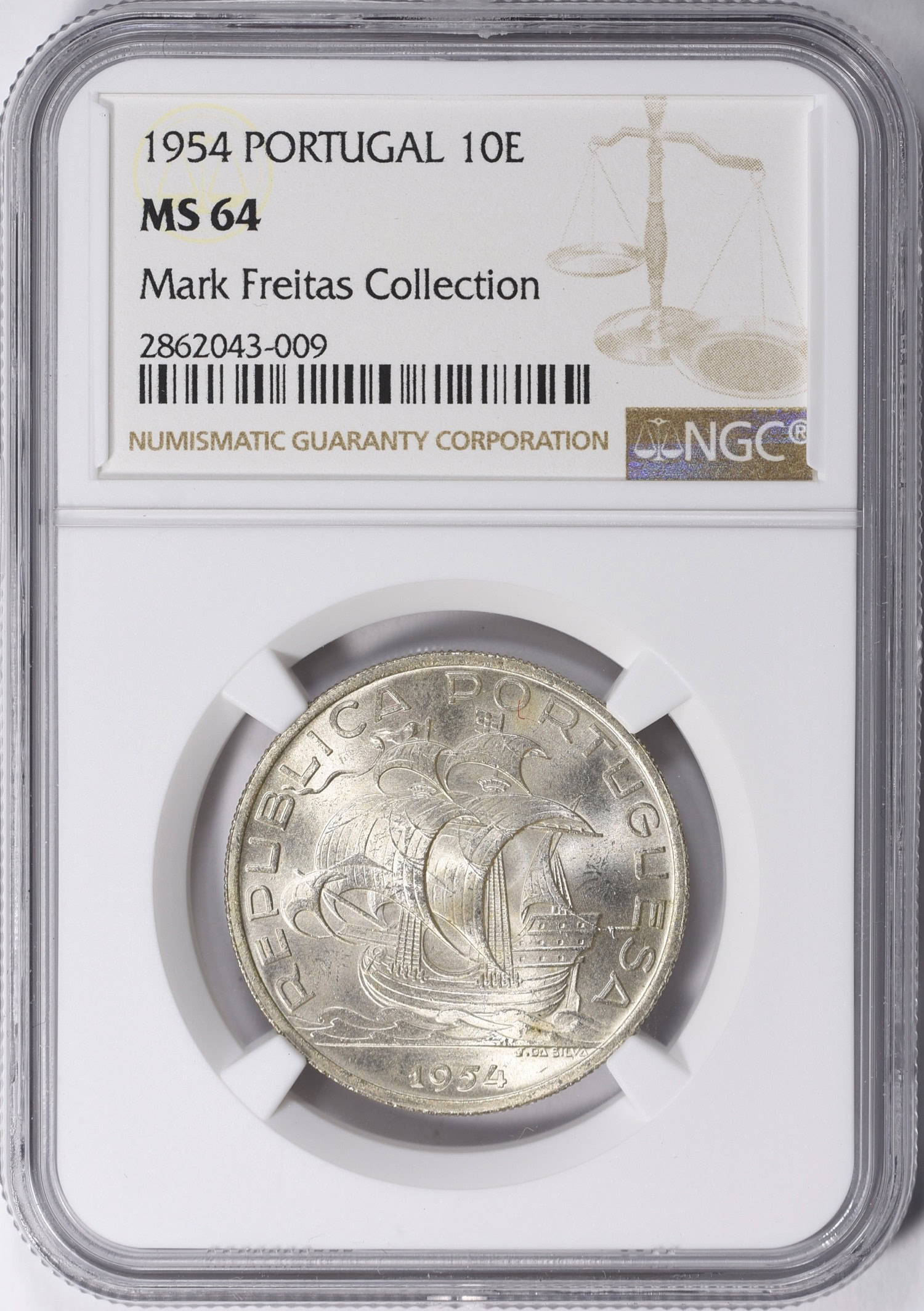 Portugal 1954 Silver 10 Escudos KM-586 NGC MS-64 (Ex: Mark Freitas