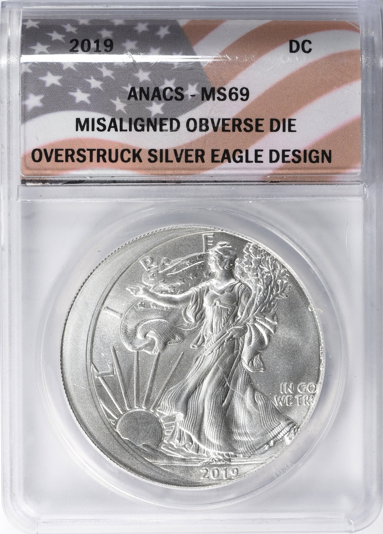 2019 Daniel Carr Overstruck Silver Eagle Design Misaligned Obverse