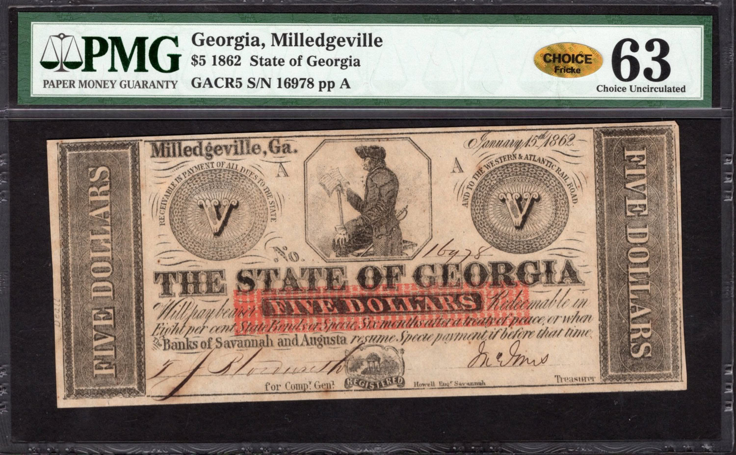 1862 Milledgeville, Georgia State of Georgia $5 Note PMG Choice
