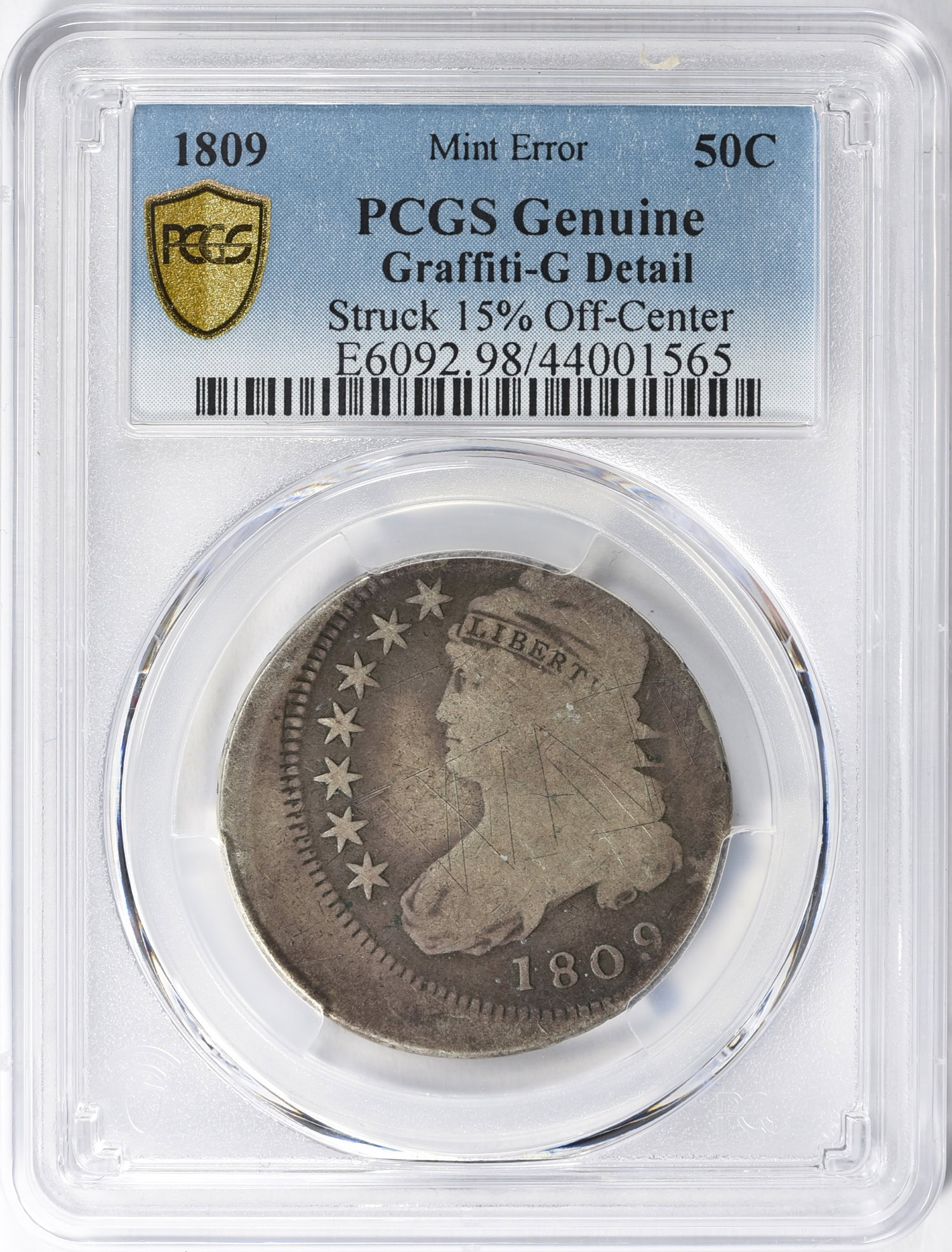 Mint Error 1809 Capped Bust Half Dollar Struck 15% Off Center PCGS