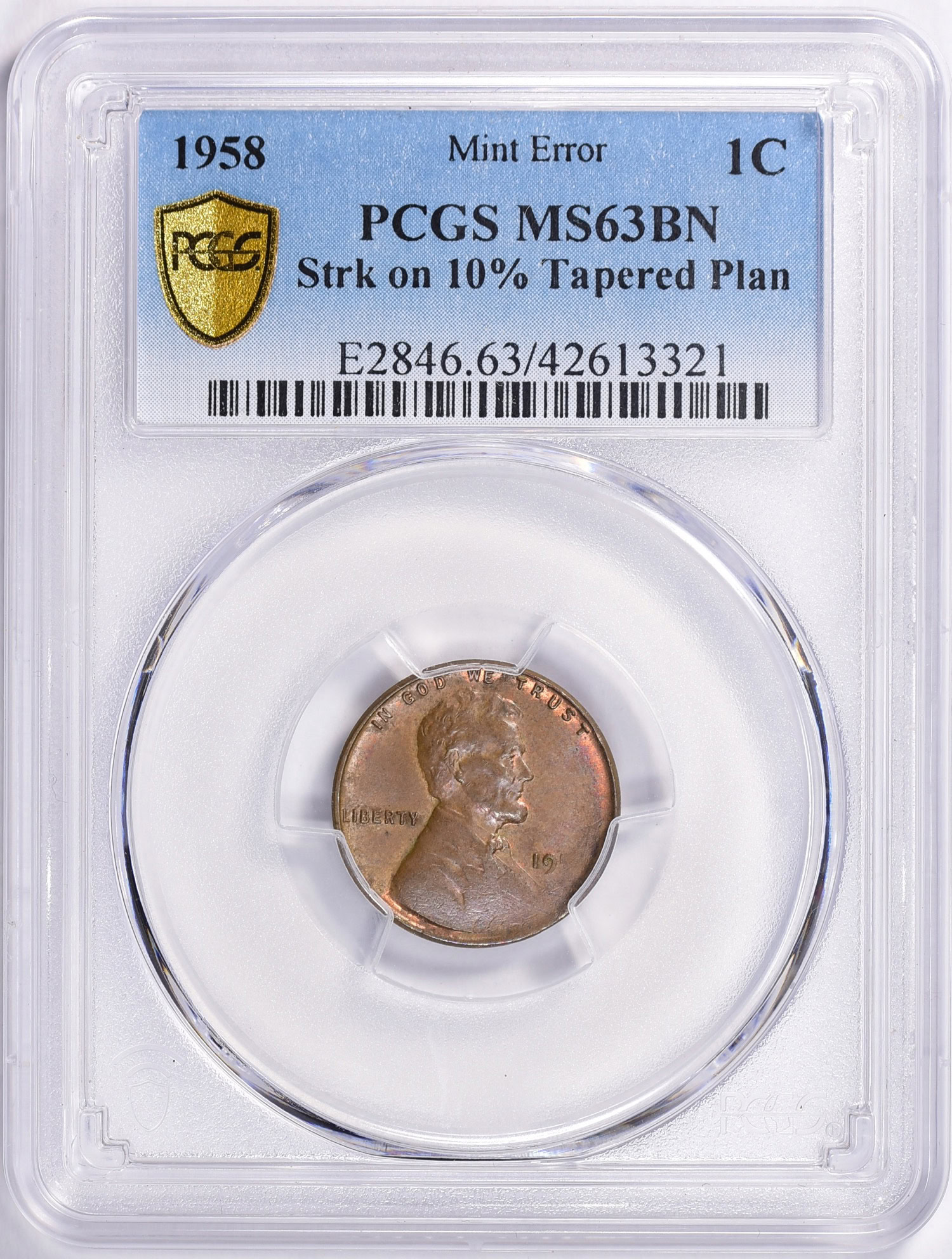 Mint Error 1958 Lincoln Cent Struck on 10% Tapered Planchet PCGS