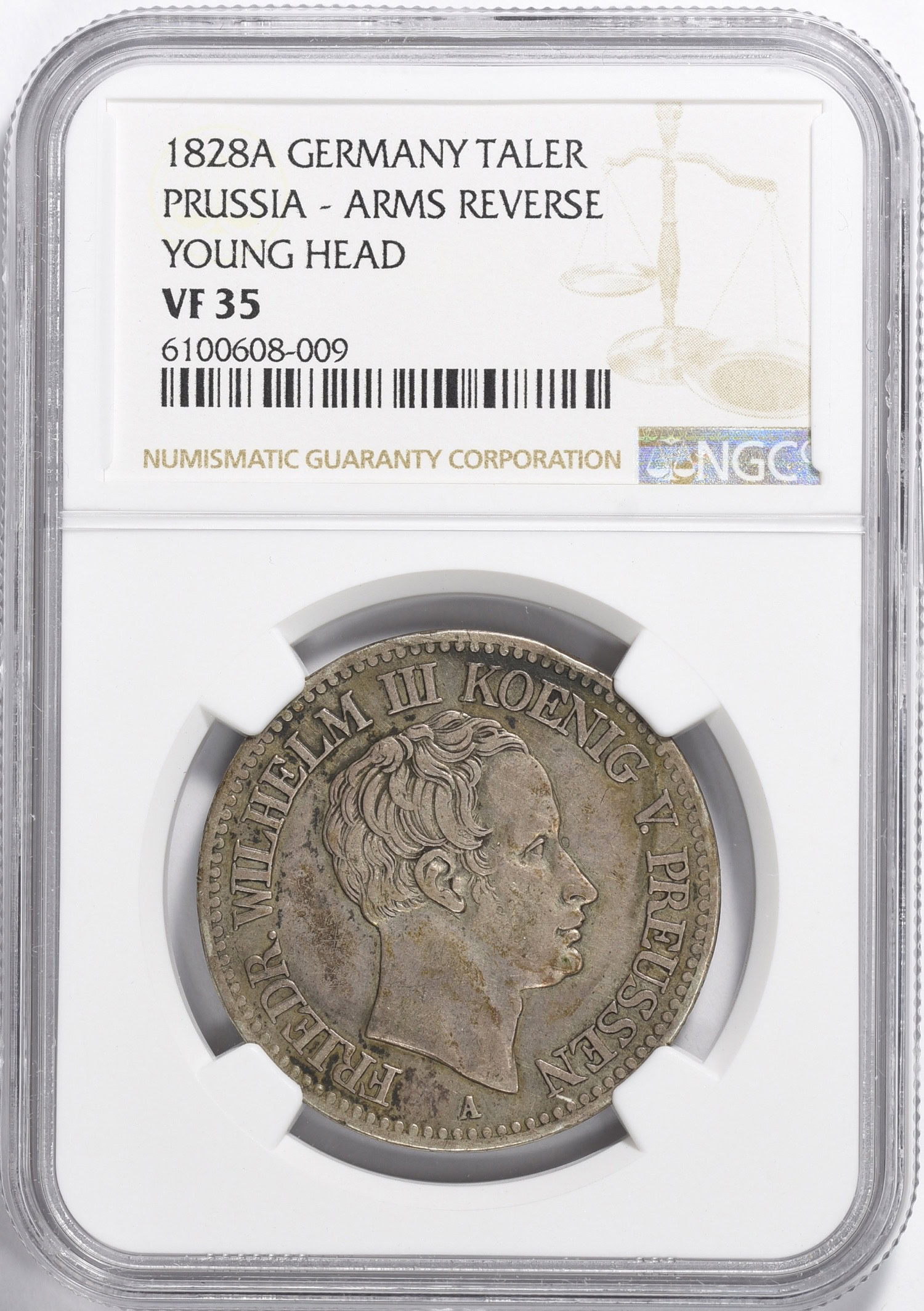 Germany - Prussia 1828-A Silver Taler Young Head Arms Reverse KM