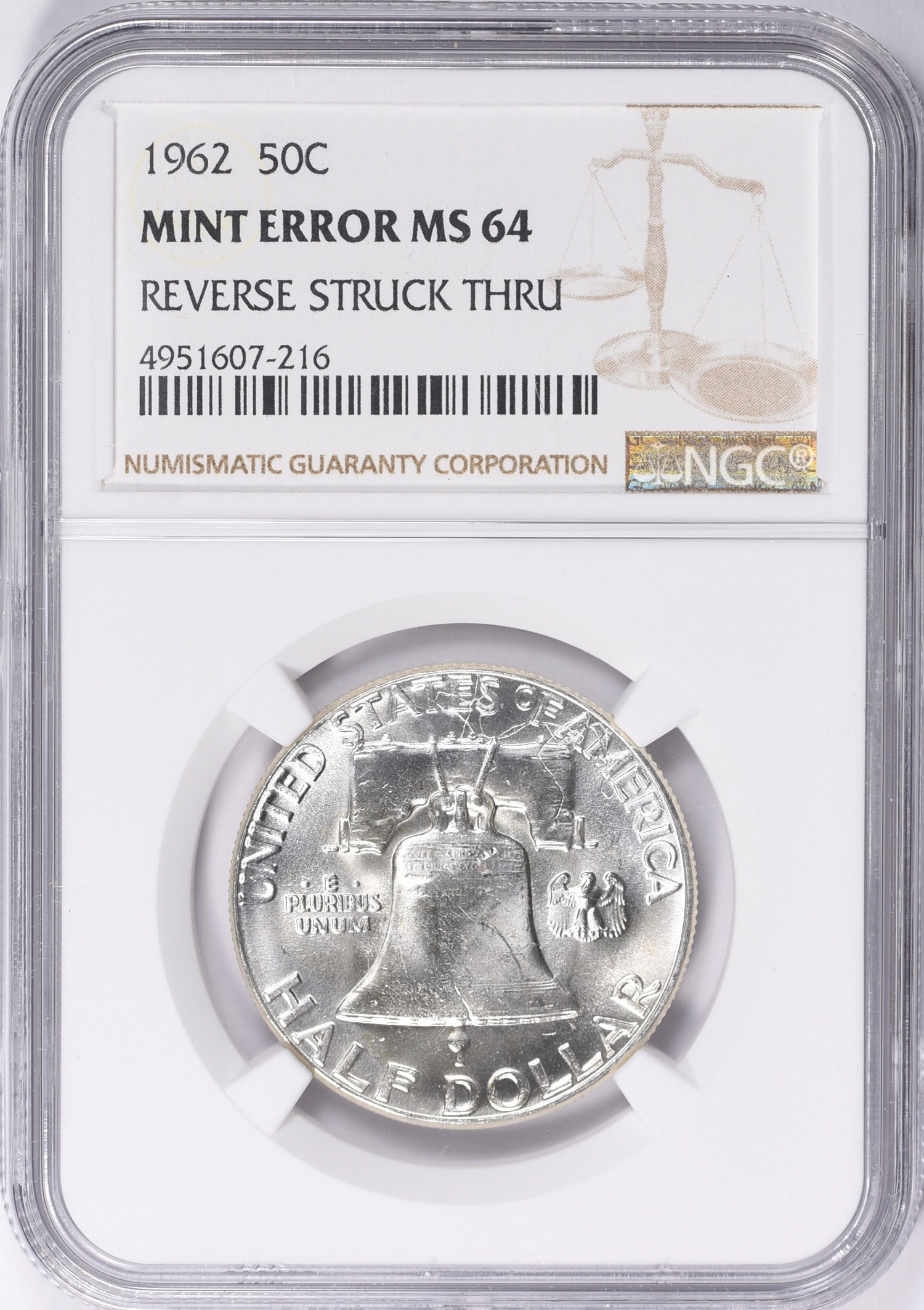 Mint Error 1962 Franklin Half Dollar Reverse Struck Through NGC MS