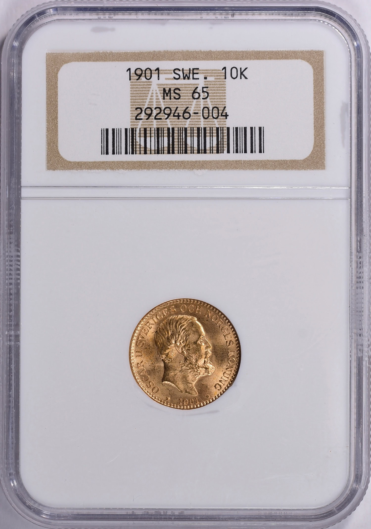 Sweden 1901-EB Gold 10 Kronor KM-767 NGC MS-65 (AGW = 0.1296 oz