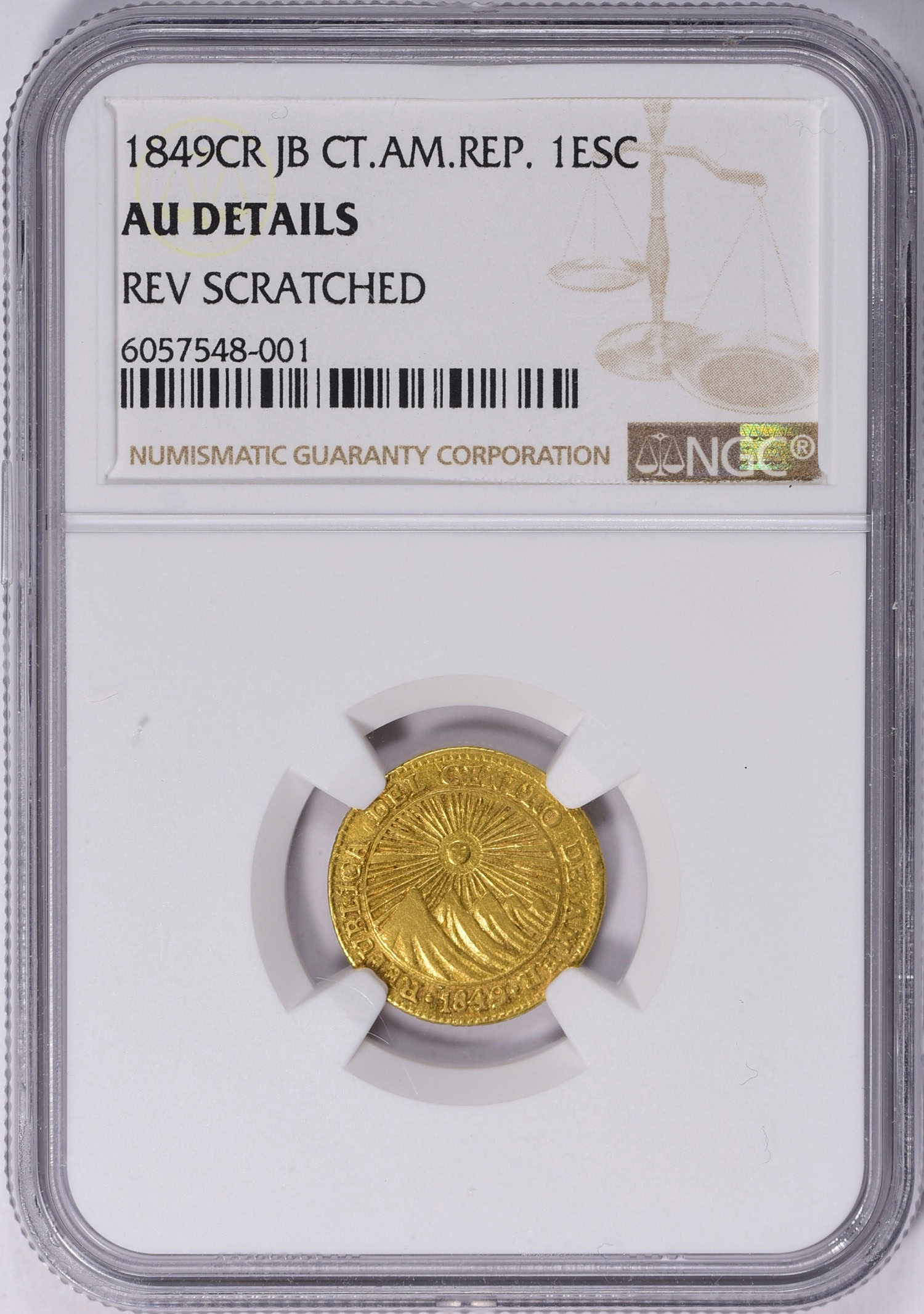 Central American Republic 1849-CR JB Gold Escudo KM-14 NGC AU