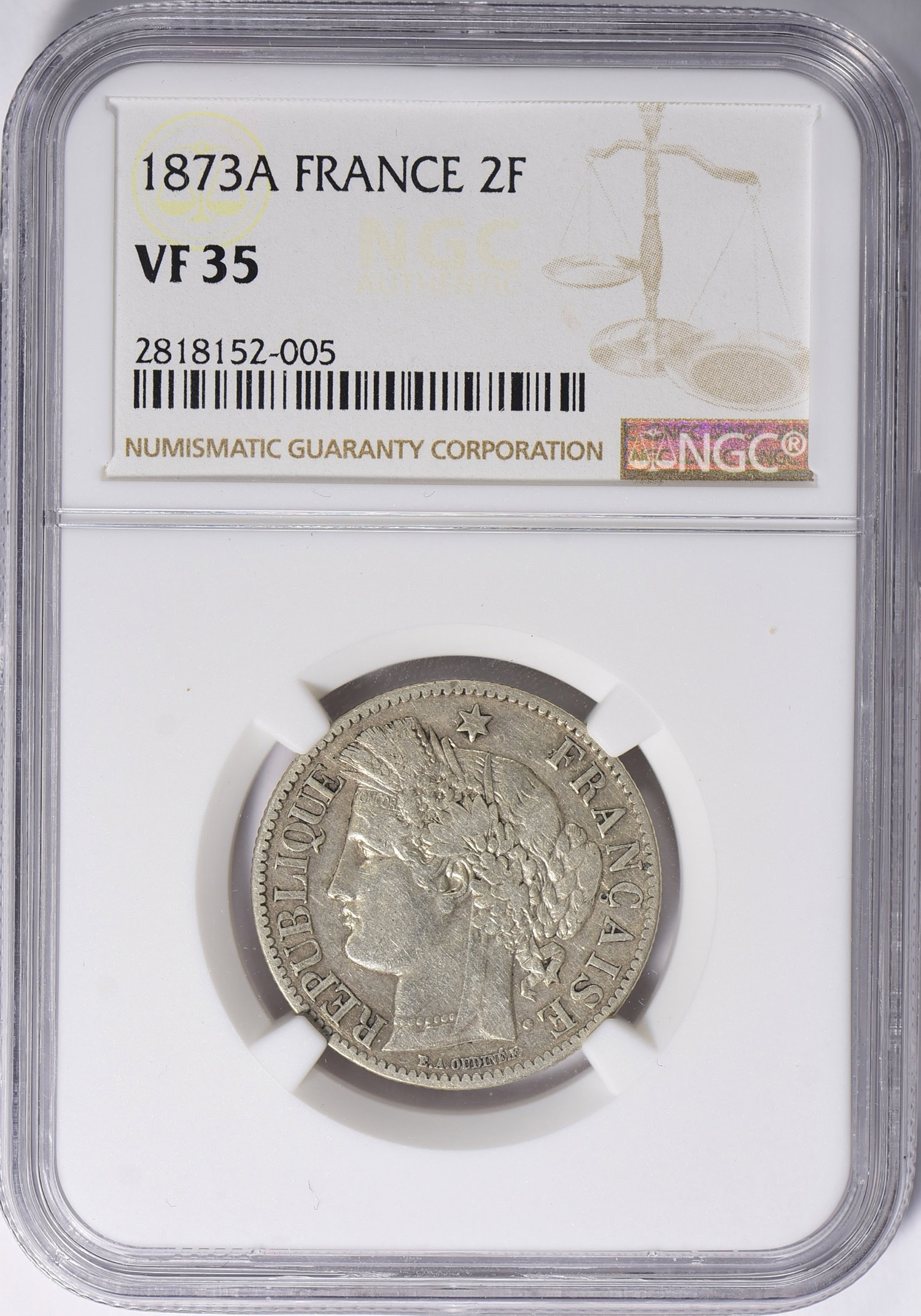 France 1873-A Silver 2 Francs Gad-530a NGC VF-35 | NGC Cert