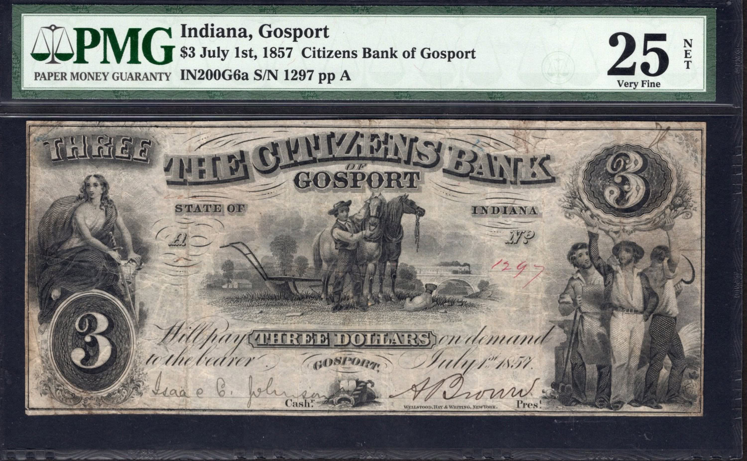 nsページ 1857 Gosport, Indiana Citizens Bank of Gosport $3 Note PMG Very