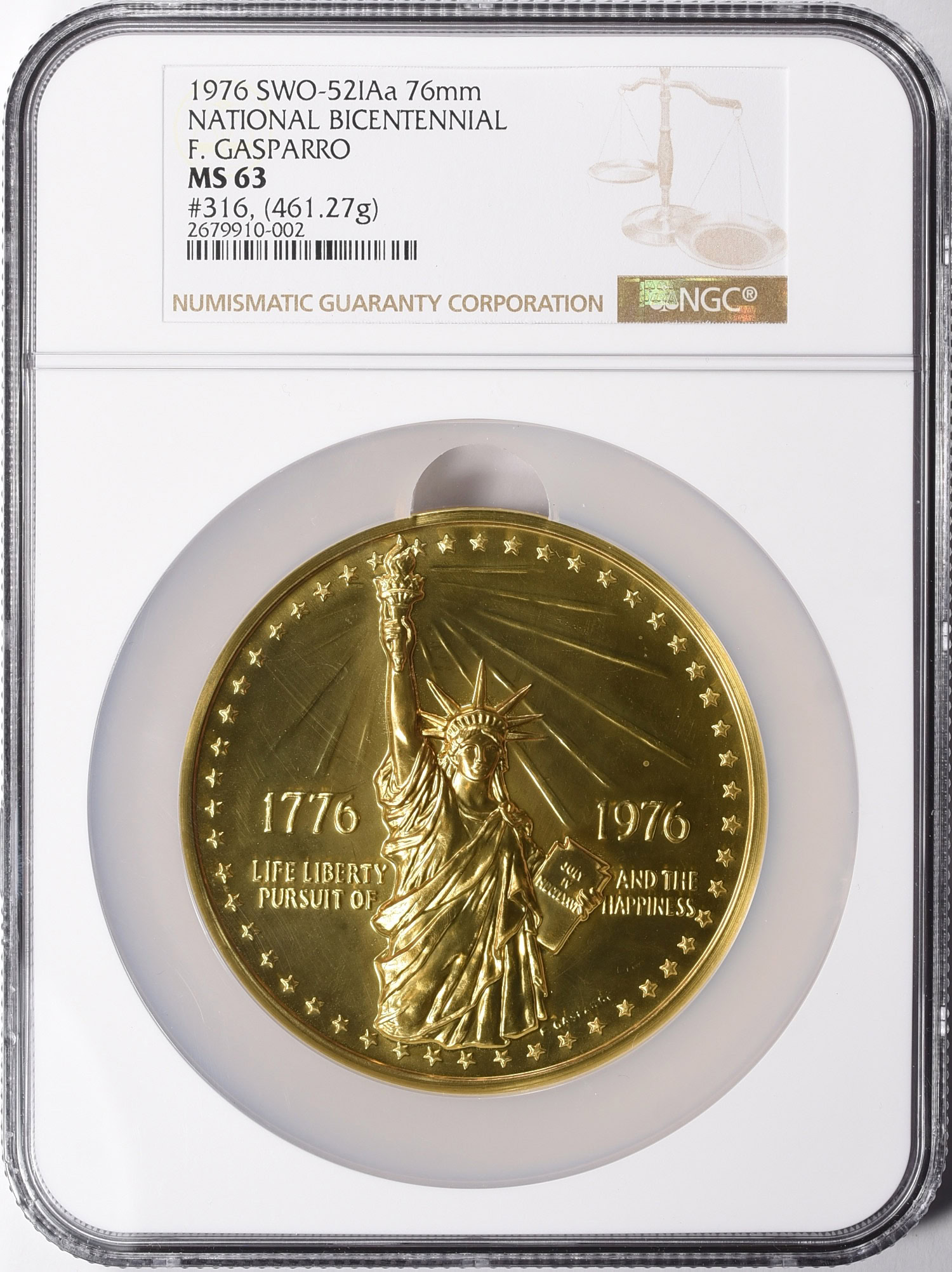 1976 Gold 76mm U.S. Bicentennial Medal by Frank Gasparro SWO