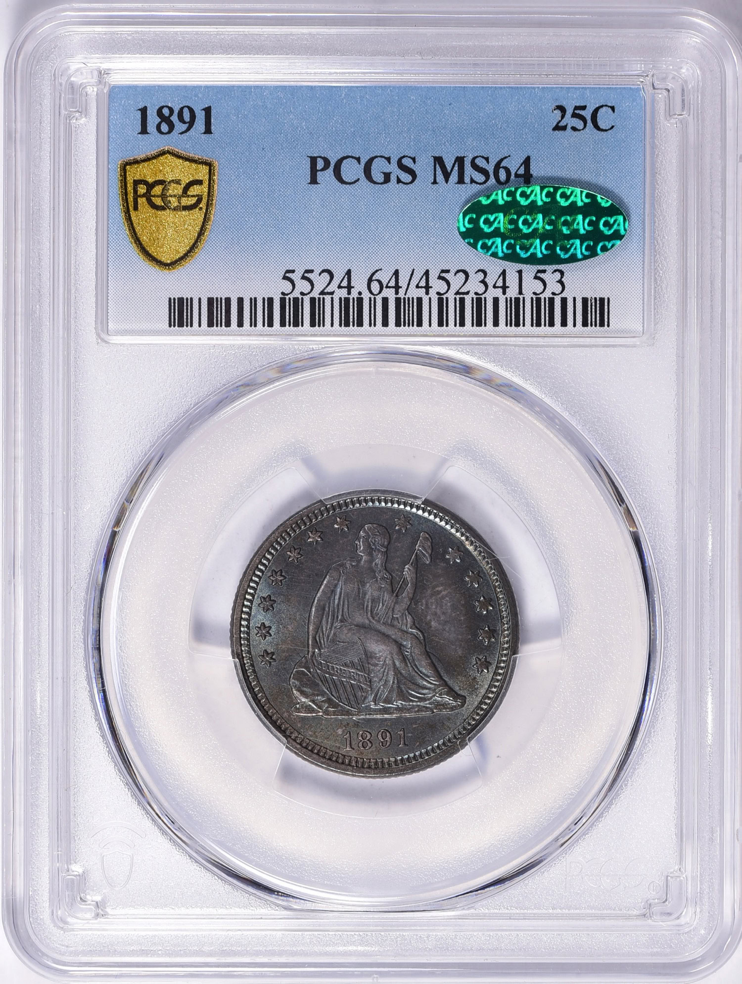 1891 Seated Liberty Quarter PCGS MS-64 (CAC Green) (Toned) (Item