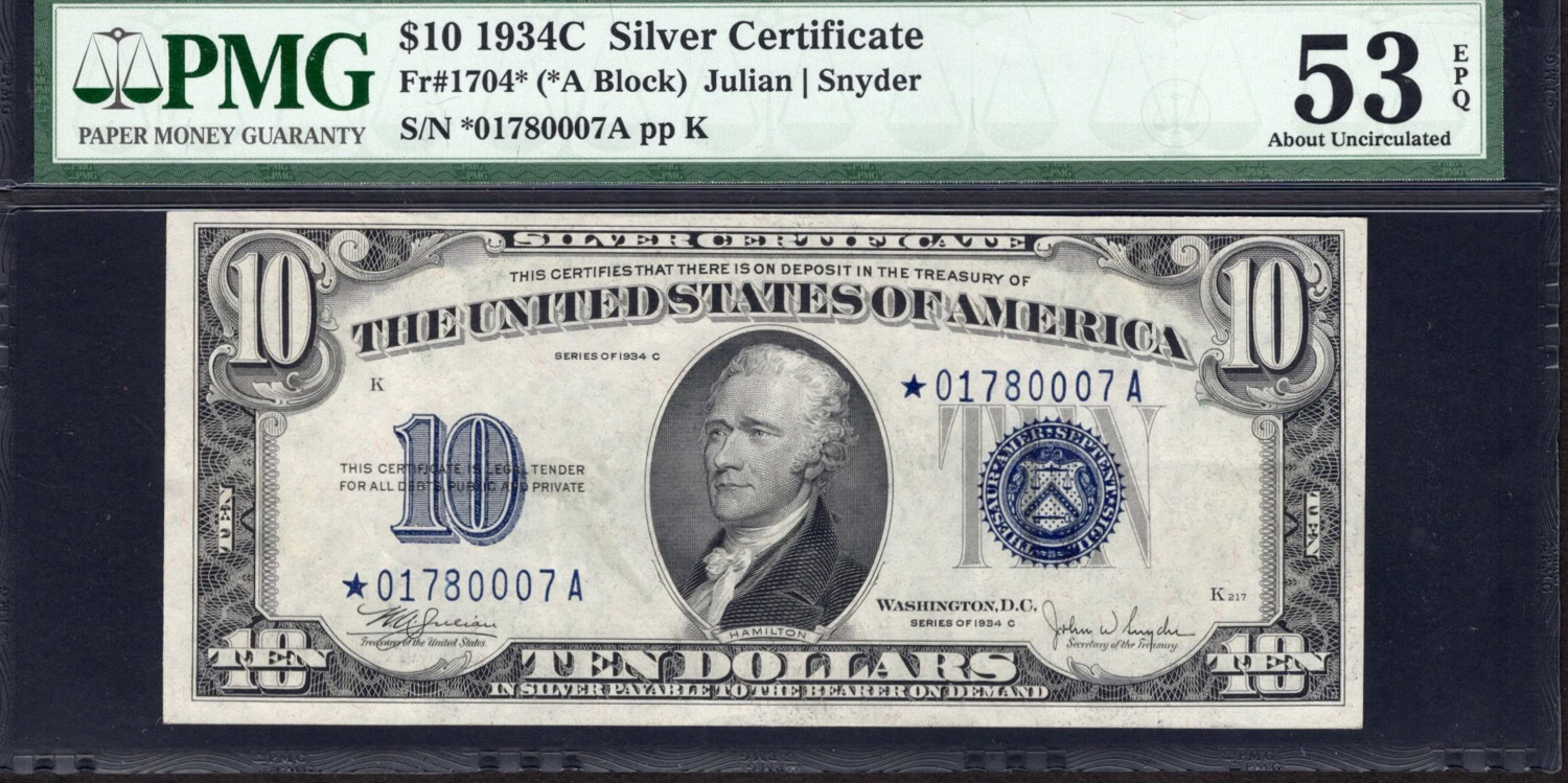 Fr. 1704★ (★A Block) 1934C $10 Silver Certificate Star Note Julian ...