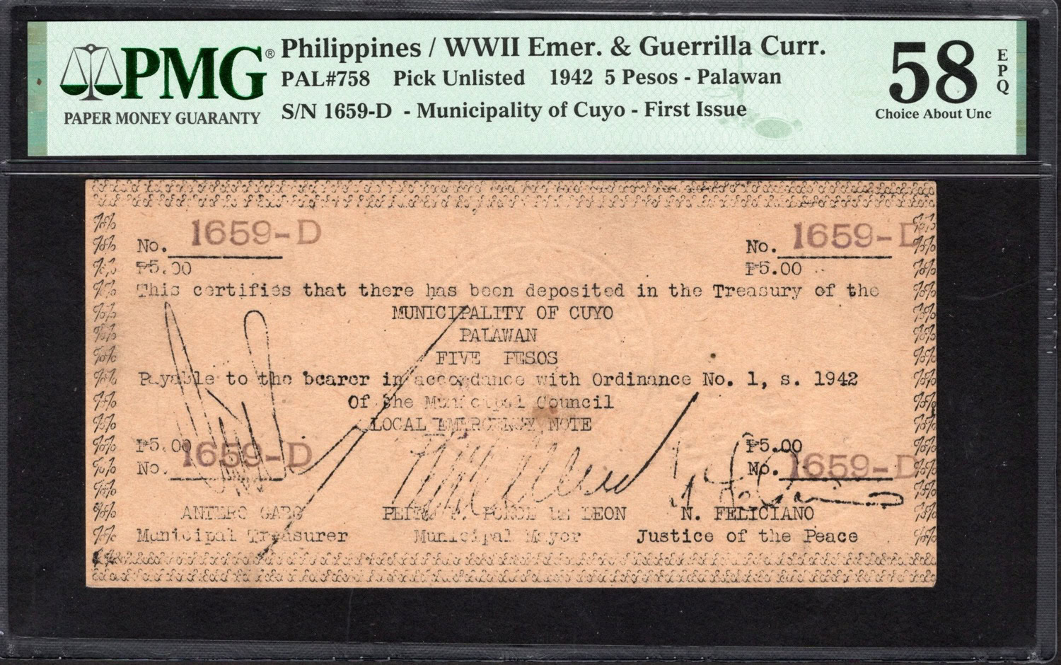 Philippines - Palawan, Municipality of Cuyo 1942 5 Pesos WWII Emergency ...