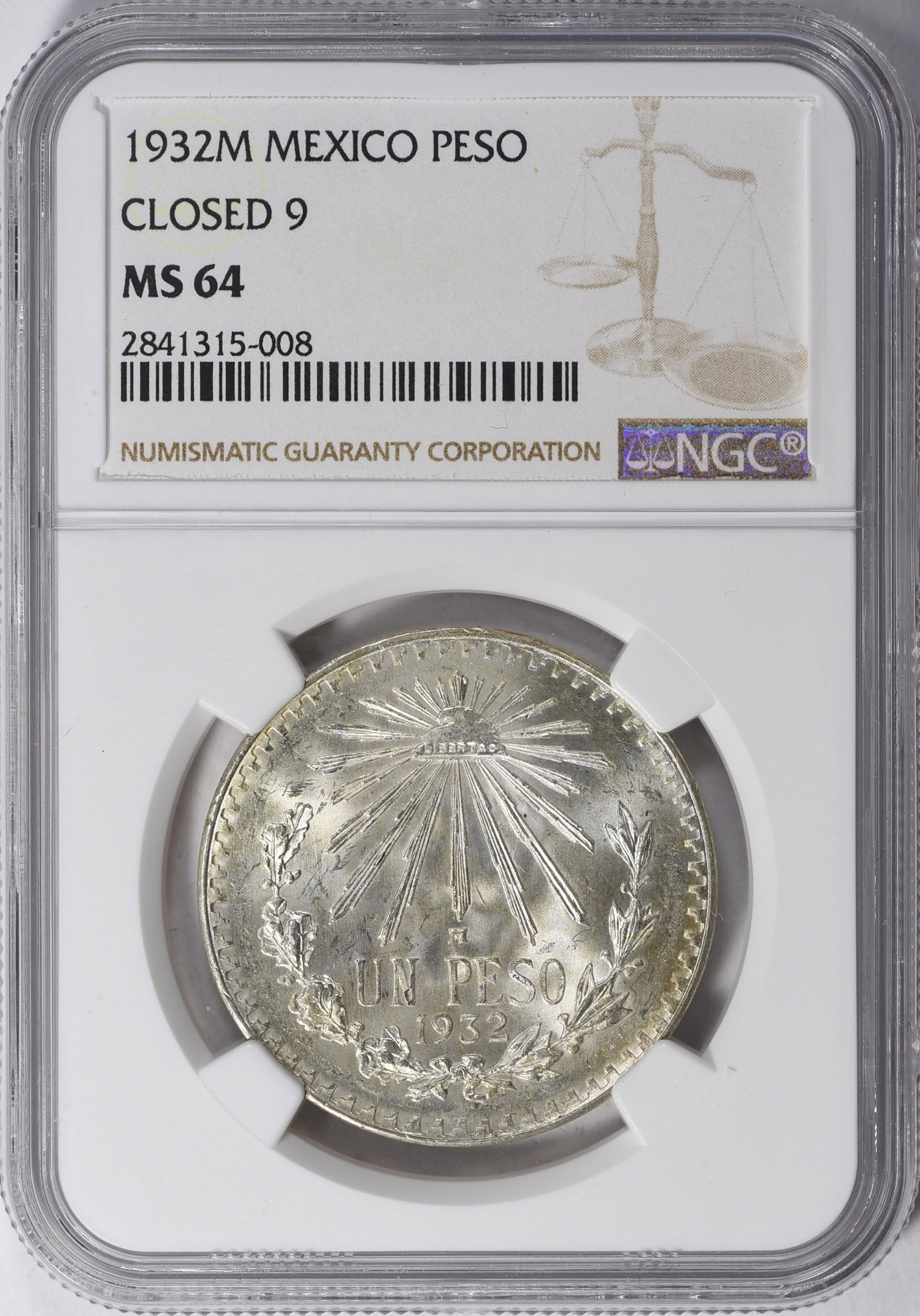 Mexico 1932-M Silver Peso Closed 9 KM-455 NGC MS-64 (Item 1238446