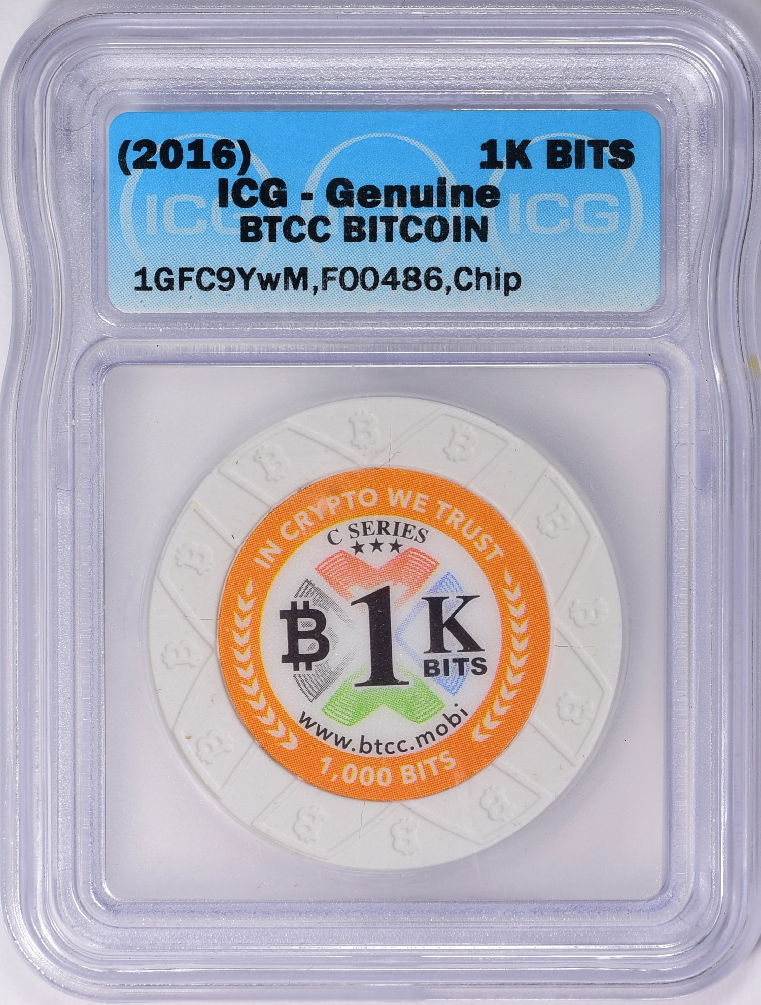 2016) 1K BITS / 0.001 BTC BTCC Bitcoin C Series ICG Genuine | ICG Cert  #1740210301 | GreatCollections Coin Auctions Item #1242809
