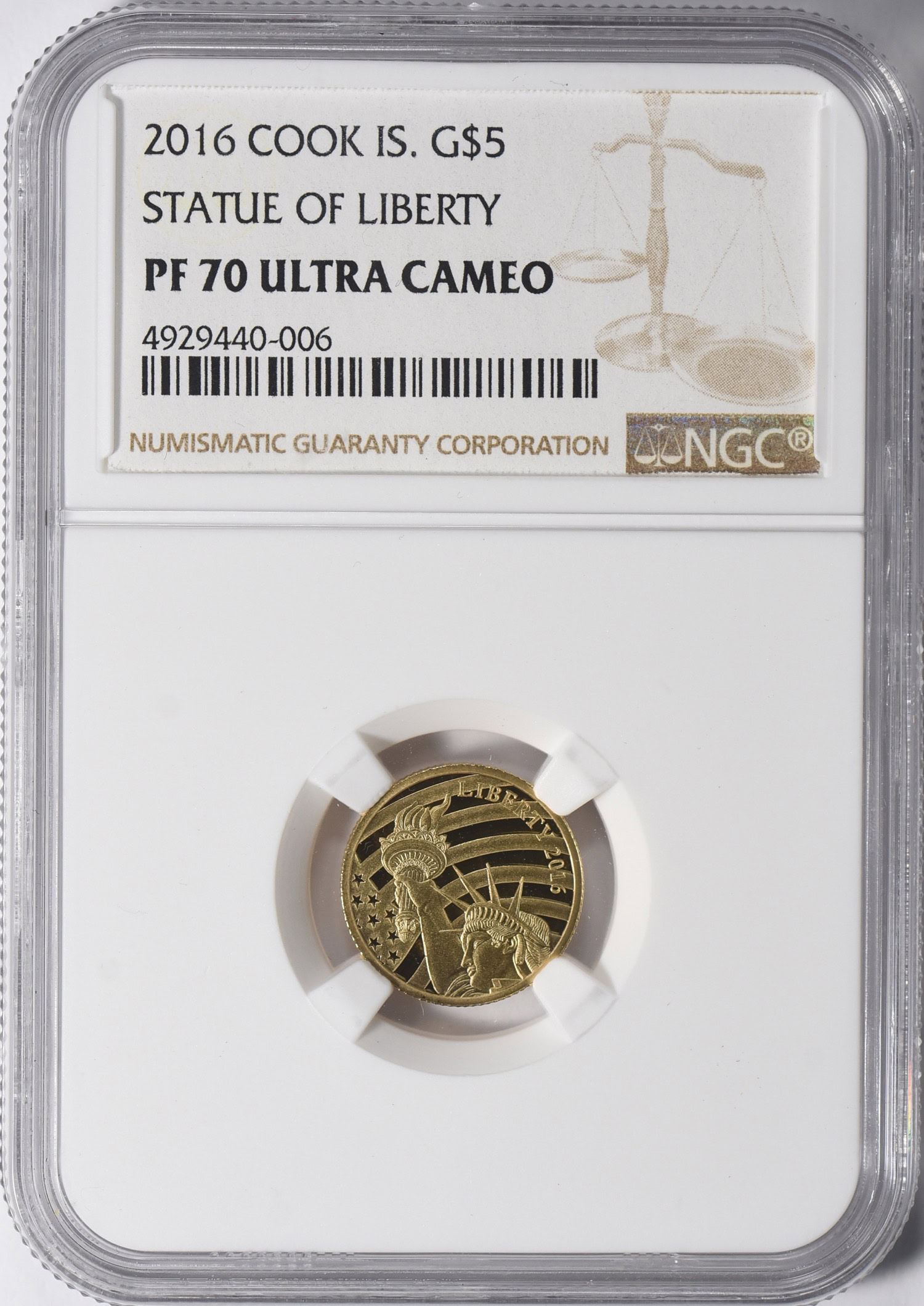 Cook Islands 2016 Gold $5 Statue of Liberty NGC Proof-70 UC (AGW