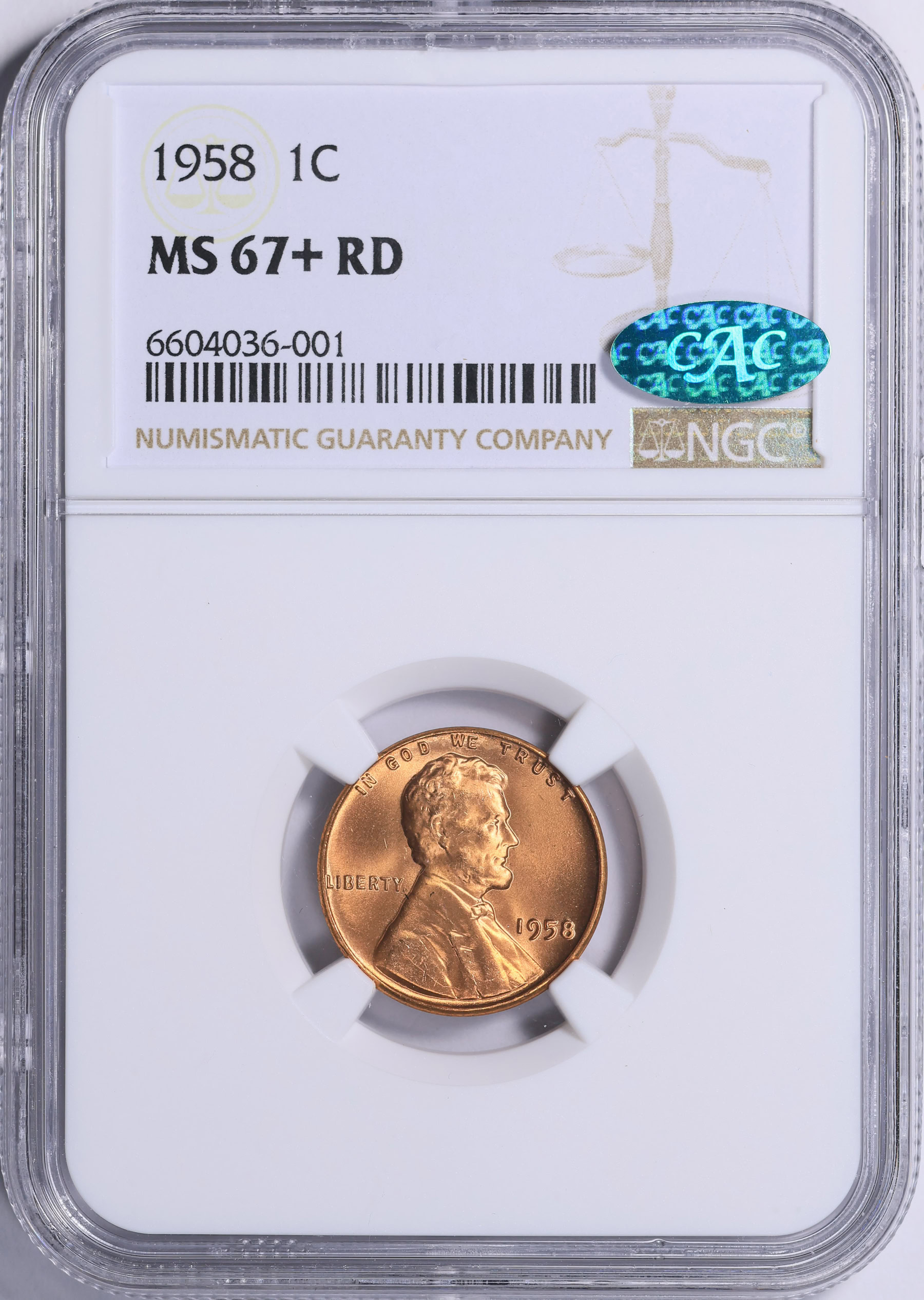 1958 Lincoln Cent NGC MS-67+ RD (CAC Green) (Item 1244575