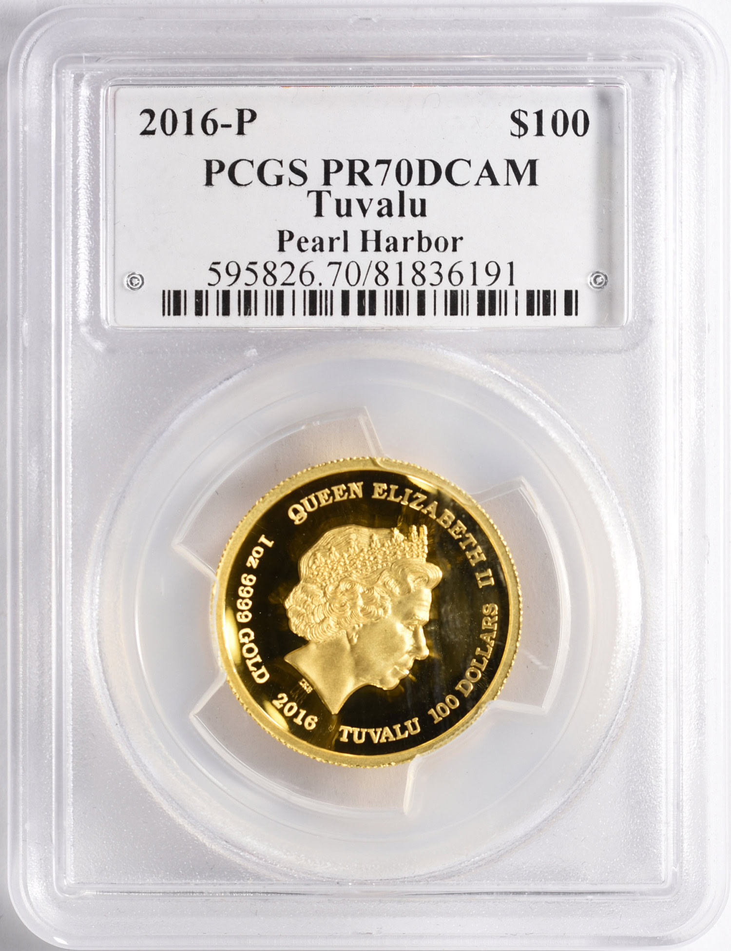 Tuvalu 2016-P G$100 Gold Pearl Harbor High Relief PCGS Proof-70