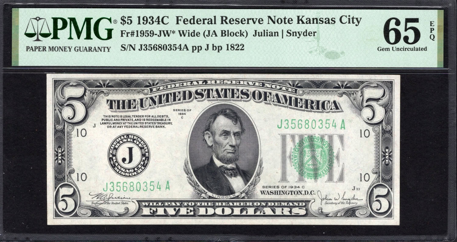 Fr. 1959JW★ Wide (JA Block) 1934C 5 Kansas City Federal Reserve Note