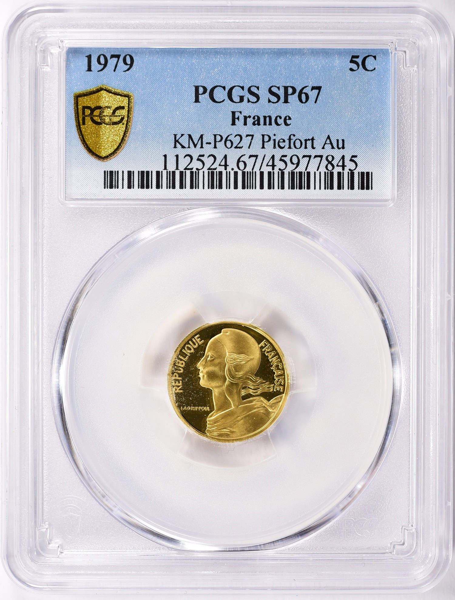 France 1979 Gold 5 Centimes Piefort KM-P627 PCGS SP-67 (AGW