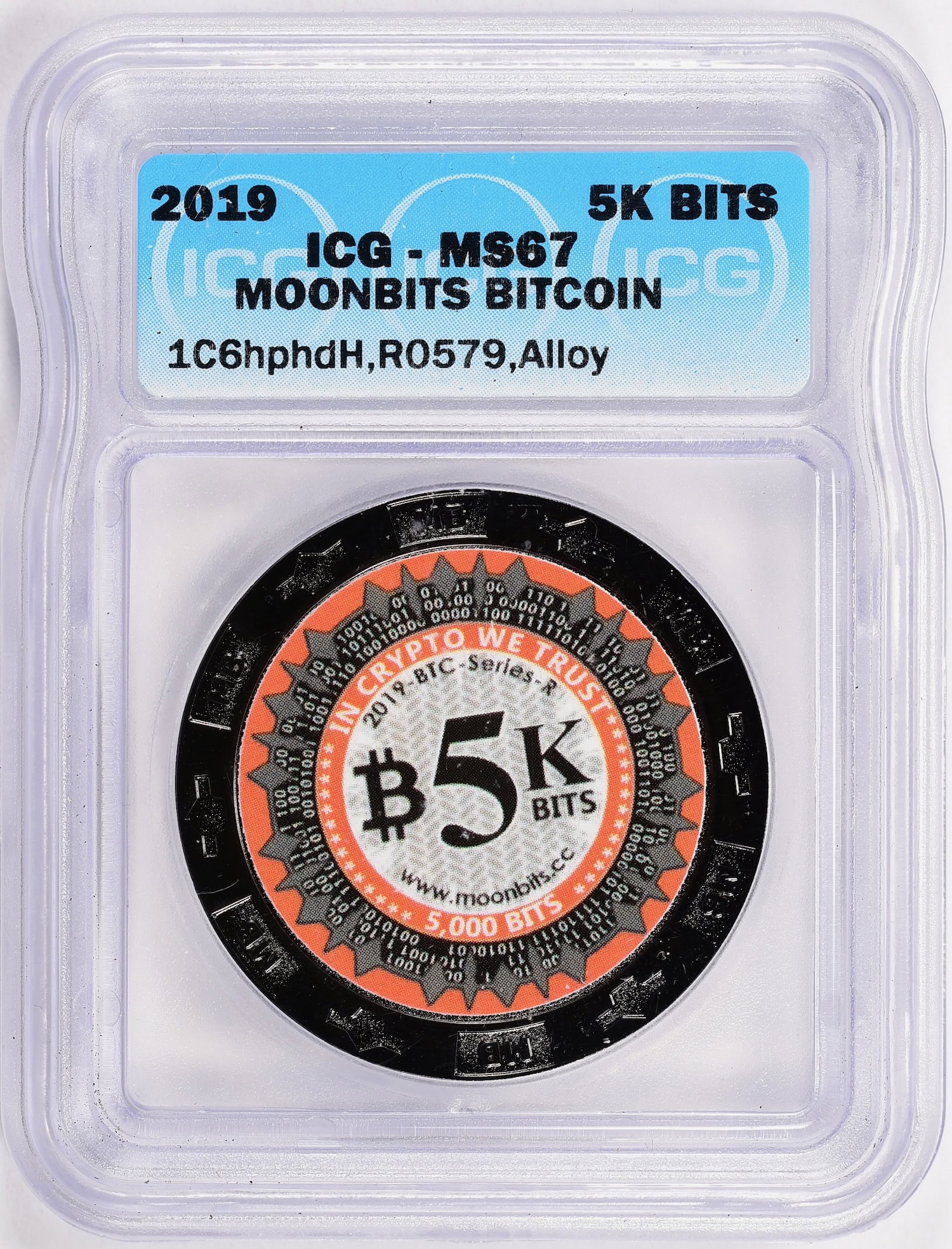 2019 5K BITS / 0.005 BTC Moonbits Series R, Alloy ICG MS-67 | ICG Cert  #1062872701 | GreatCollections Coin Auctions Item #1305741