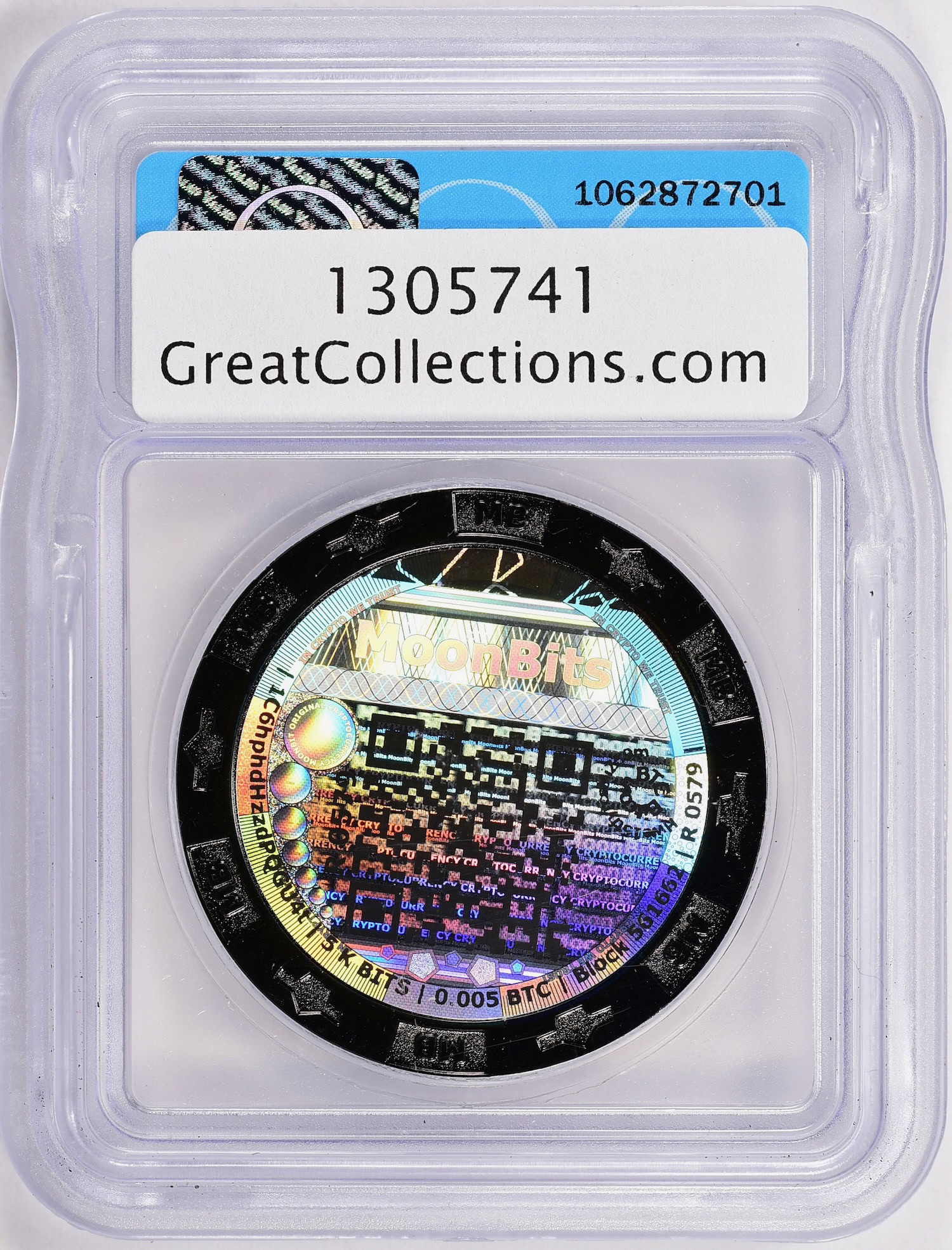 2019 5K BITS / 0.005 BTC Moonbits Series R, Alloy ICG MS-67 | ICG Cert  #1062872701 | GreatCollections Coin Auctions Item #1305741
