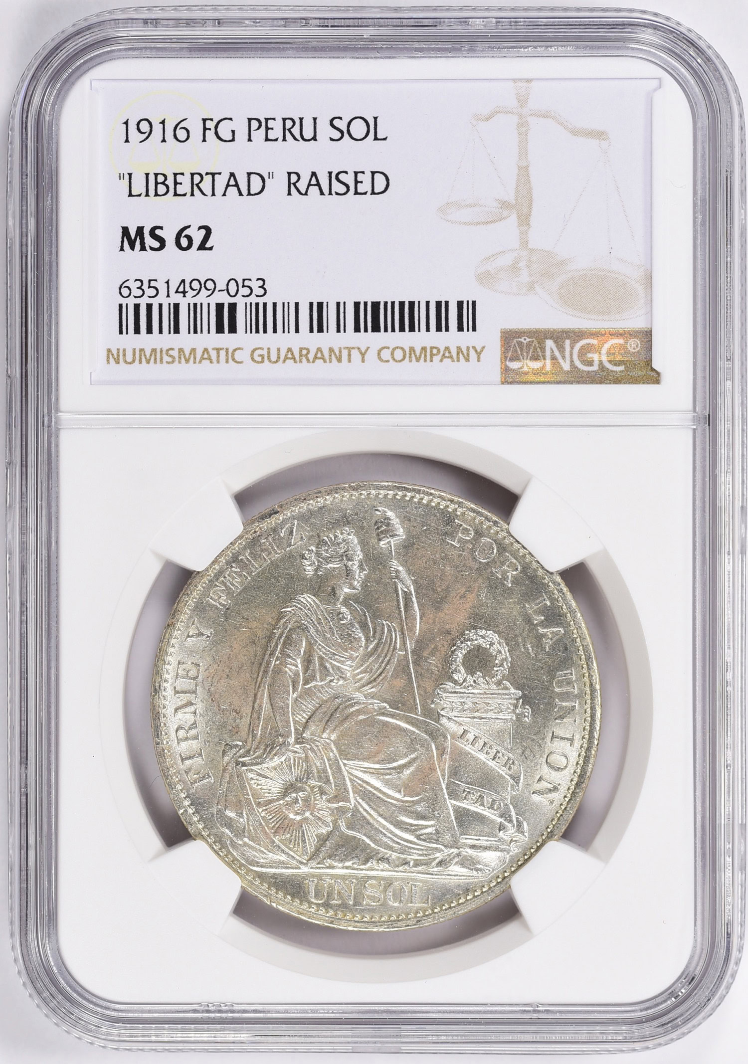 Peru 1916FG Silver Sol LIBERTAD in Relief KM196.28 (Item 1306628