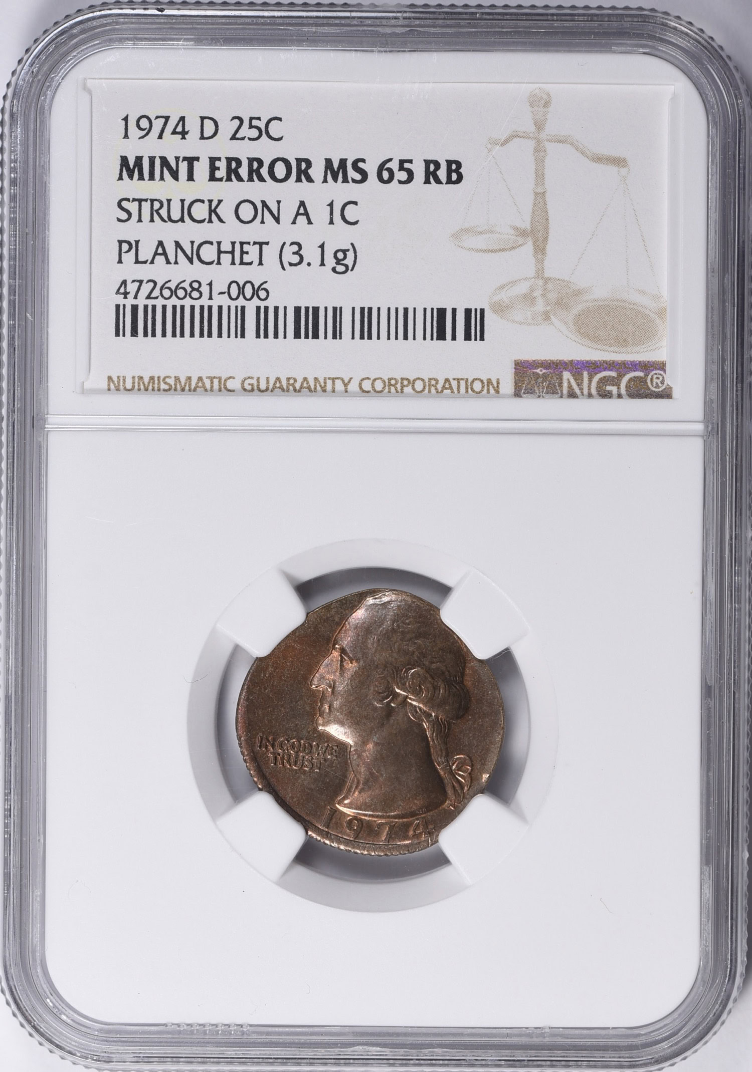 Mint Error 1974-D Washington Quarter Struck on Cent Planchet NGC