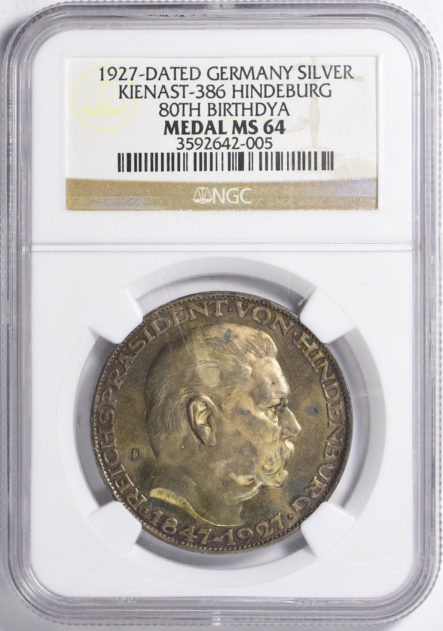 Germany 1927-D Silver Medallic 5 Marks Von Hindenburg 80th