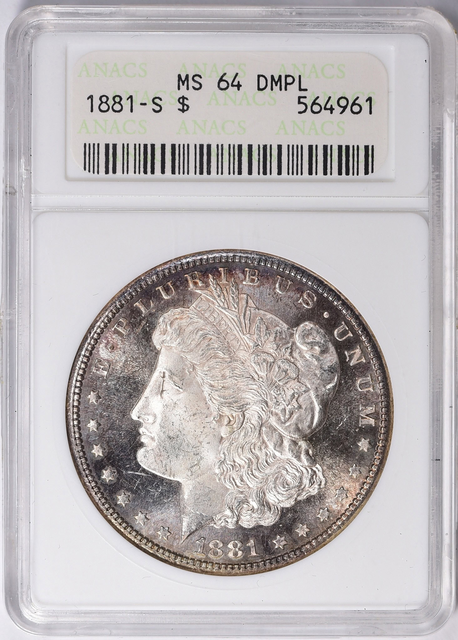 1881-S Morgan Silver Dollar ANACS MS-64 DMPL (Toned) OH (Item 1320093) |  GreatCollections Coin Auctions