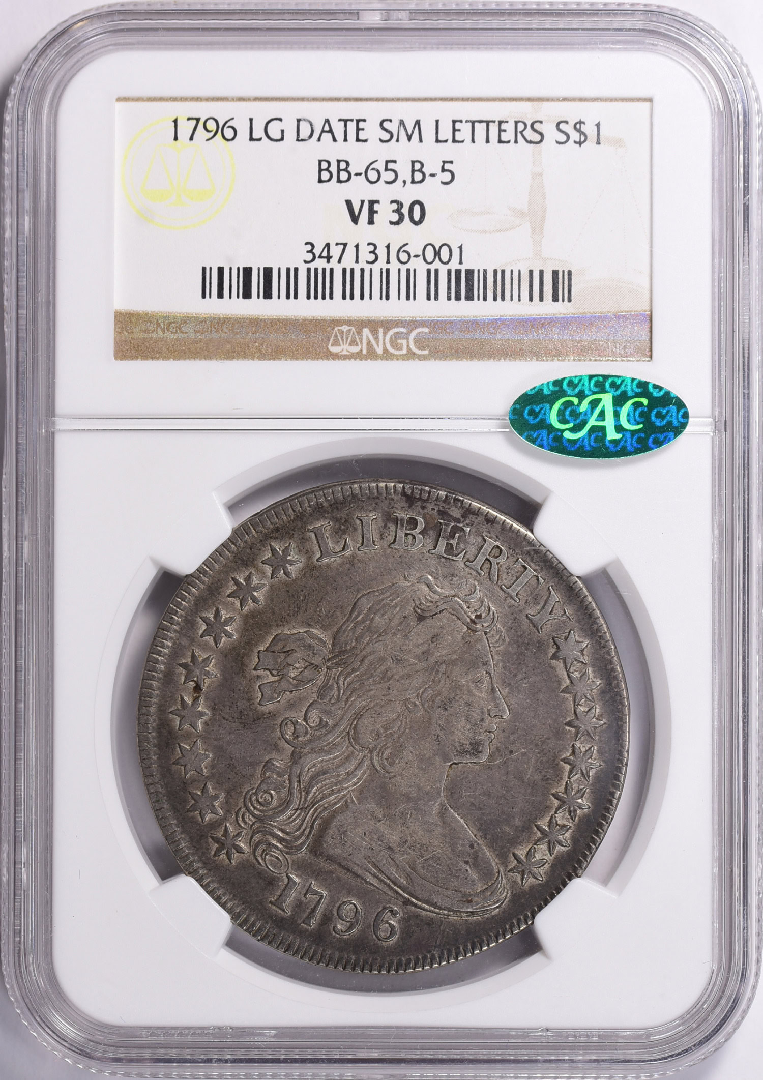 1796 Draped Bust Silver Dollar BB-65,B-5 Large Date, Small Letters