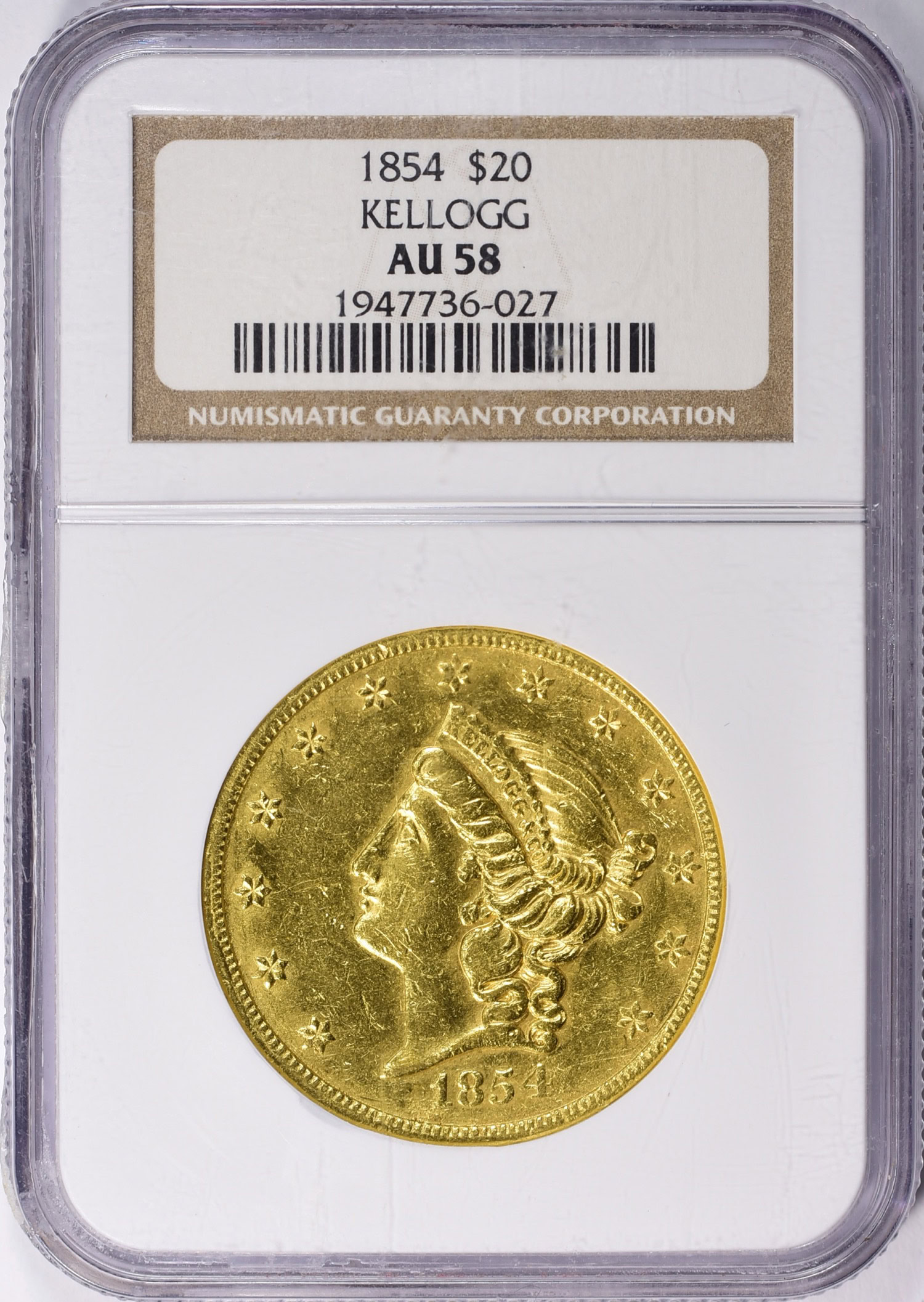 美品レア⭐️ ゴールドラブリー⭐️ 1854 $20 Gold Kellogg NGC AU-58 (Item 1327766) | GreatCollections
