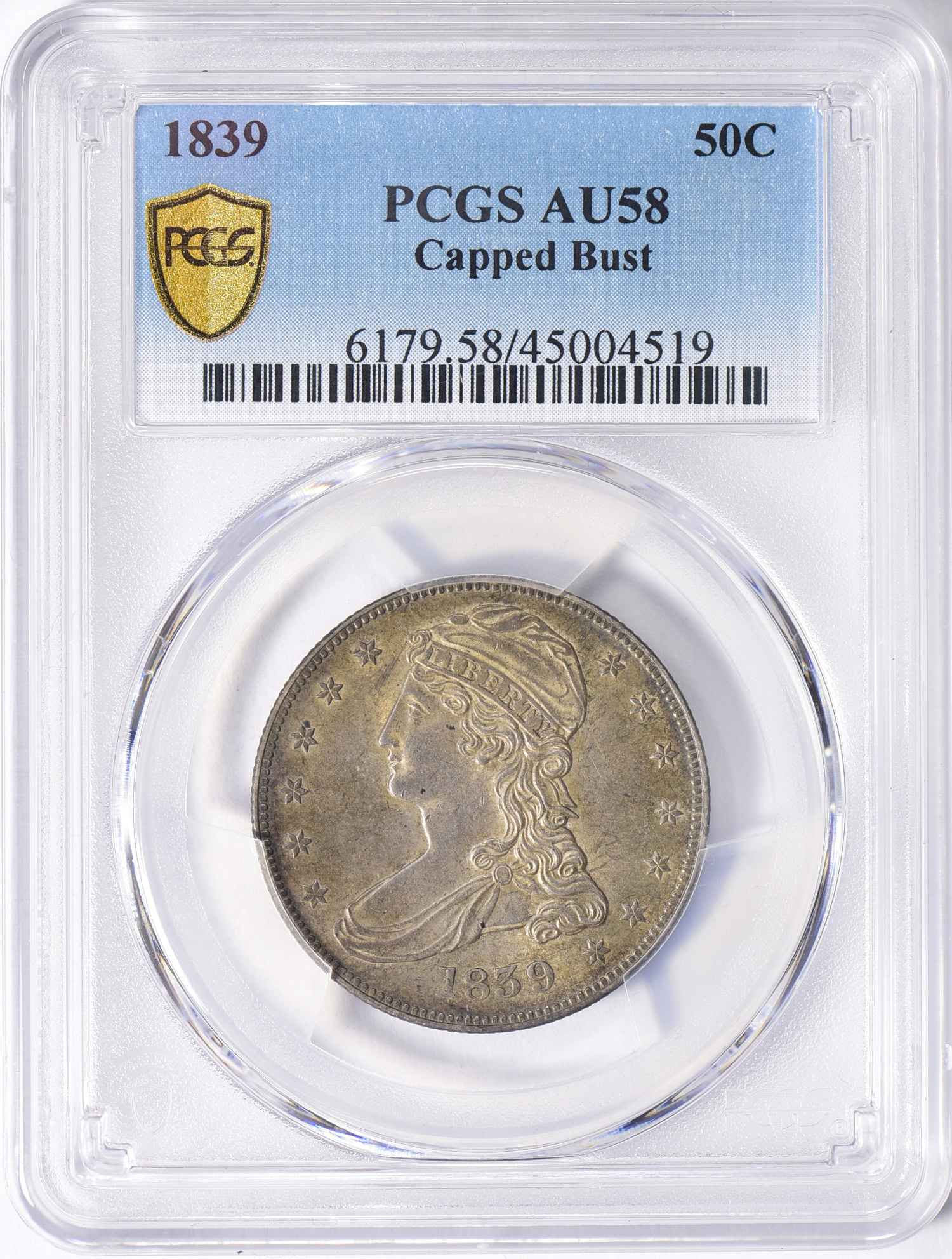 Horizontal Reeded Coin 1839 Capped Bust Half Dollar Reeded Edge PCGS AU-58 (Toned) (Item ...