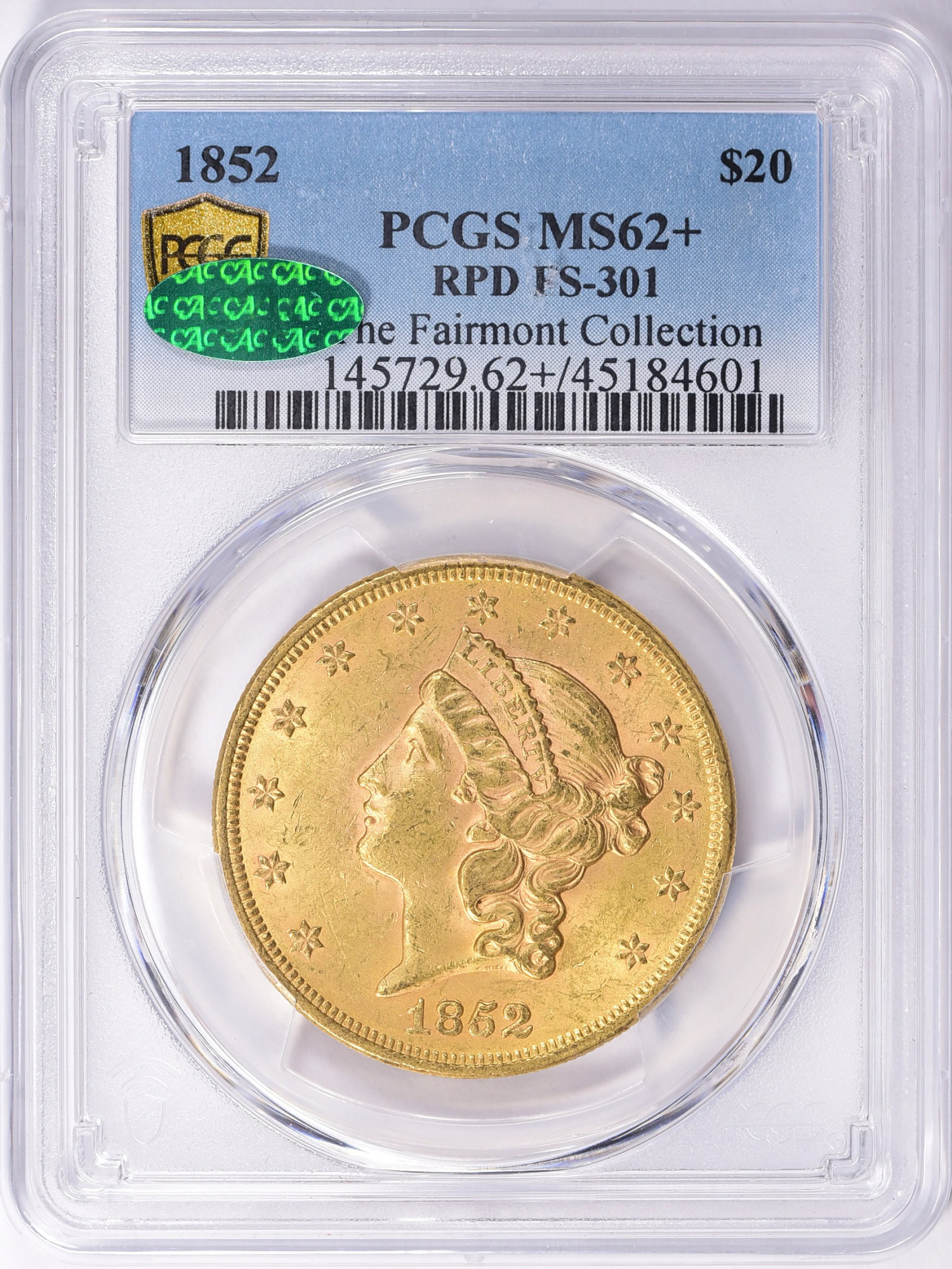 1852 Liberty Gold Double Eagle RPD FS-301 PCGS MS-62+ (CAC Green) (The ...