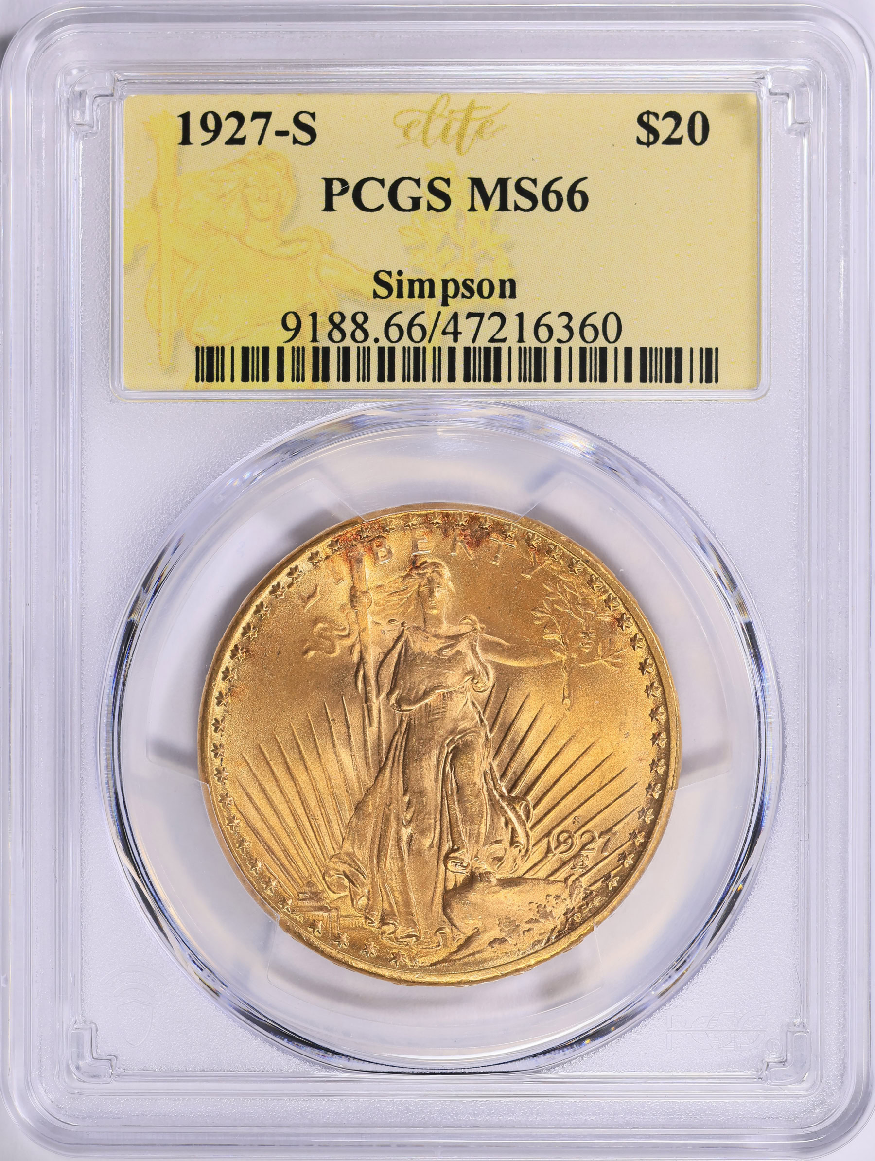 1927-S Saint-Gaudens Gold Double Eagle PCGS MS-66 (Ex. Simpson