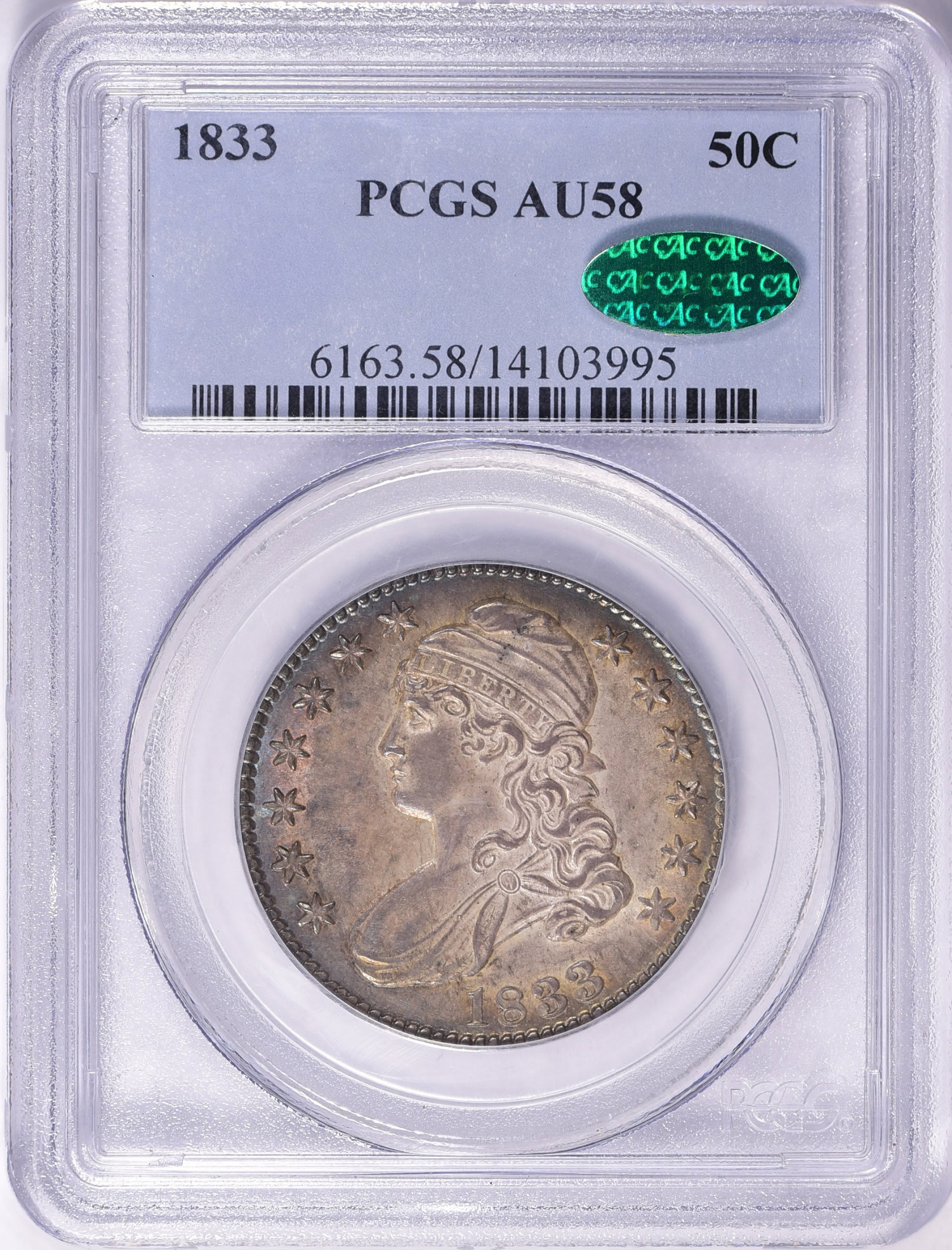 1833 Capped Bust Half Dollar PCGS AU-58 (CAC Green) (Toned) (Item